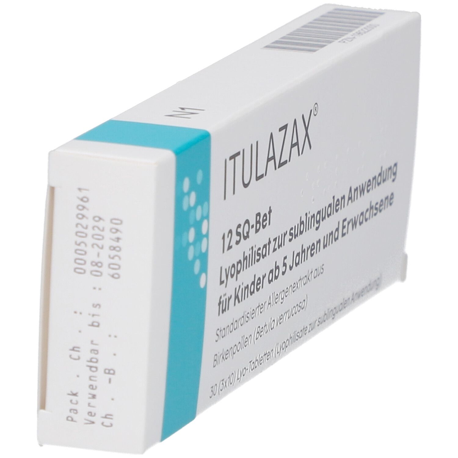 Schachtel, weiß mit blauem Akzent. Aufschrift: ITULAZAX, 12 SQ-Bet, Lyophilisat. Barcode und Verfallsdatum.