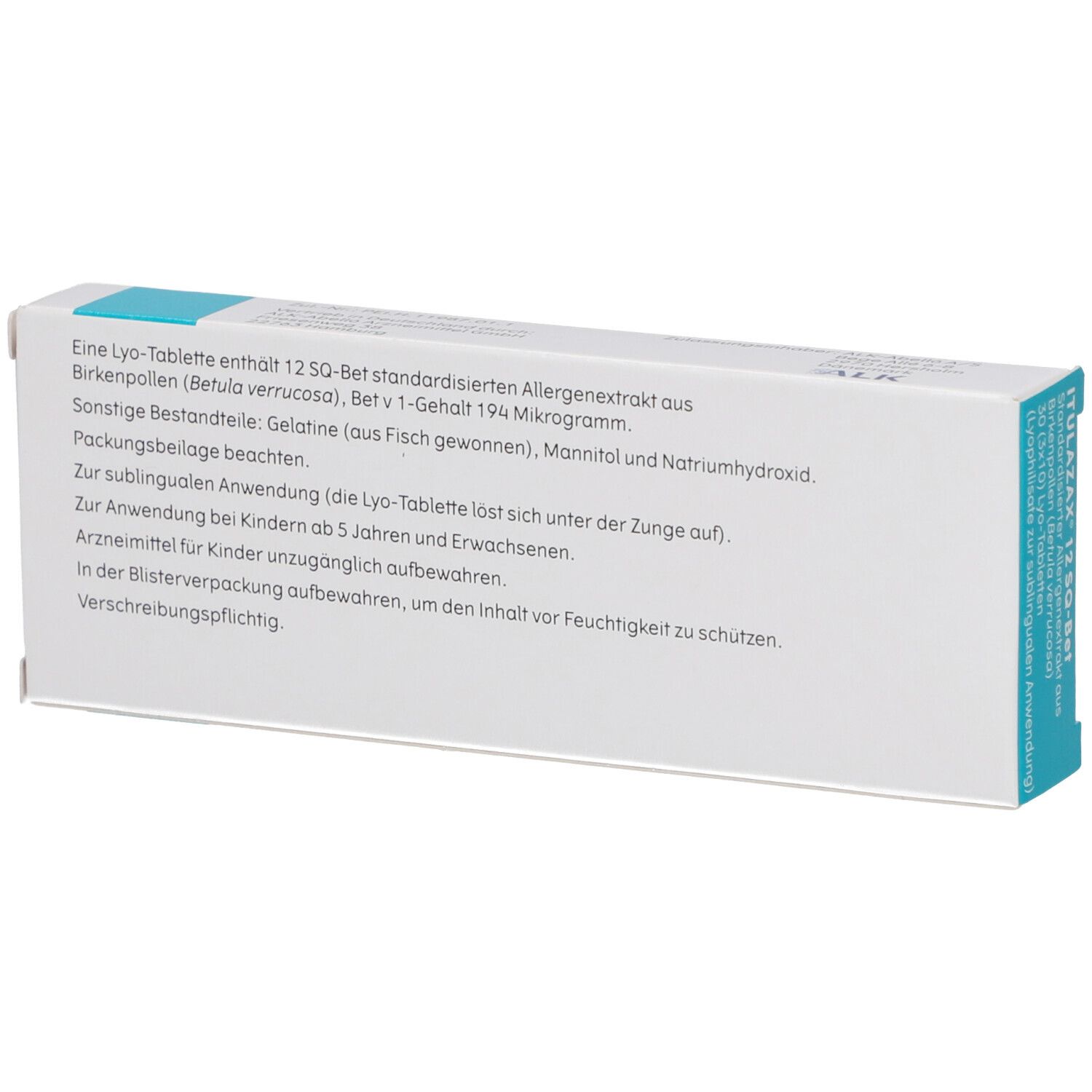 Rückseite der Schachtel. Text über Inhaltsstoffe und Anwendung. Text in deutscher Sprache.