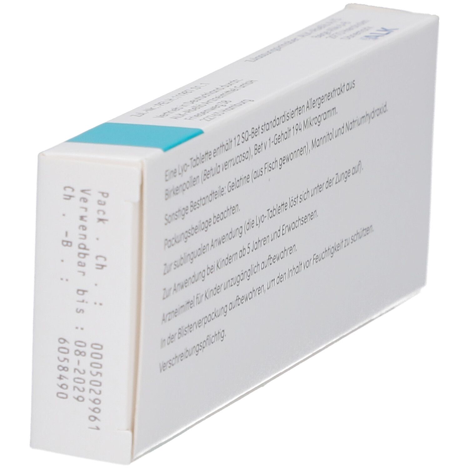 Schachtel, Rückseite. Text über Inhaltsstoffe und Anwendung. Verfallsdatum und Chargennummer.