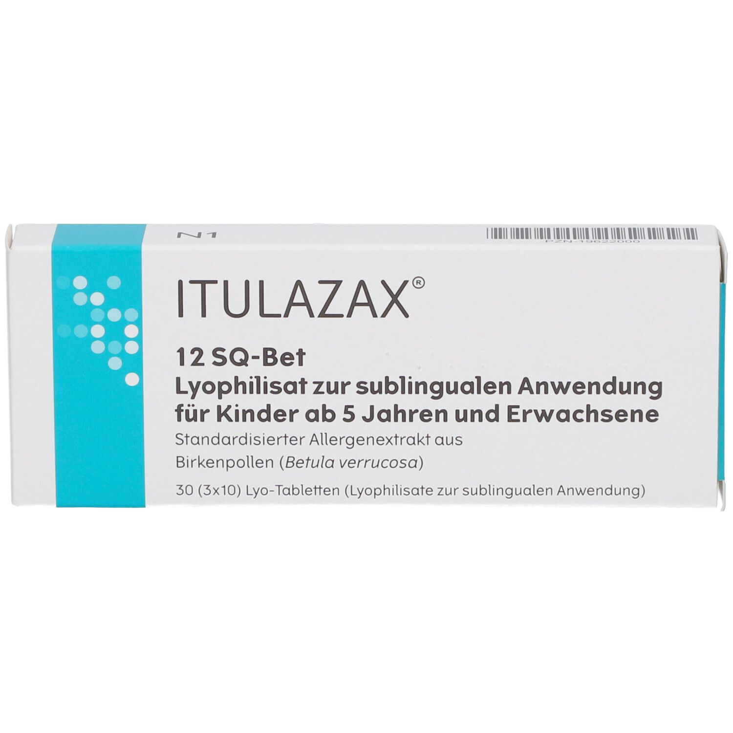Weiße Schachtel mit blauer Akzentfarbe. Aufschrift: ITULAZAX, 12 SQ-Bet, Lyophilisat zur sublingualen Anwendung.