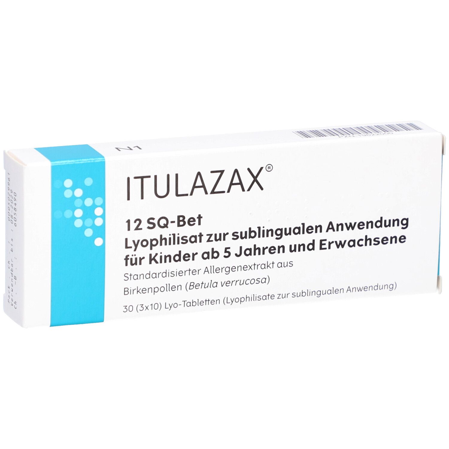 Weiße Schachtel mit blauer Akzentfarbe. Aufschrift: ITULAZAX, 12 SQ-Bet, Lyophilisat zur sublingualen Anwendung.