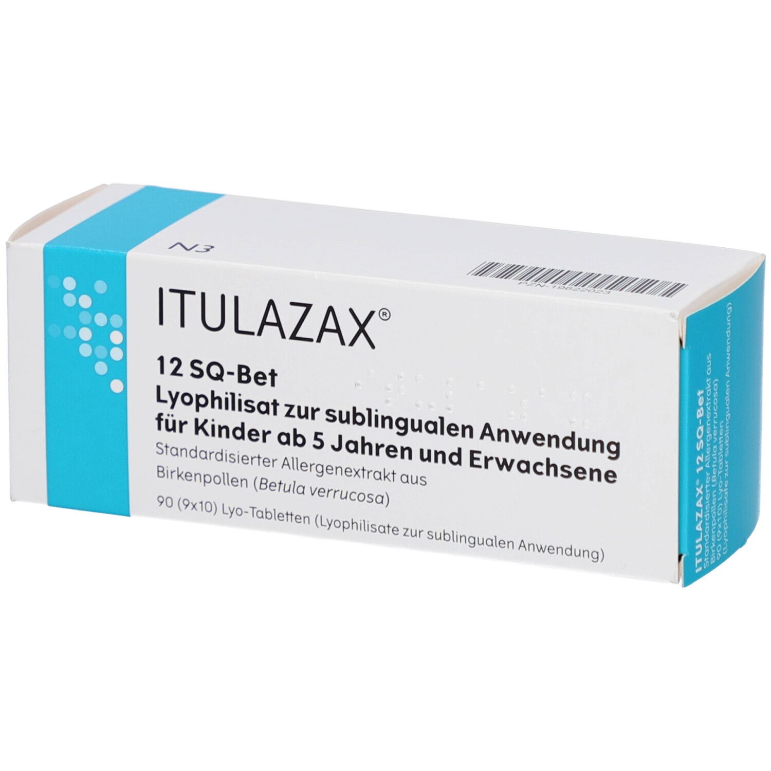 Weiße Schachtel mit blauer Schrift. Aufschrift: ITULAZAX 12 SQ-Bet. Lyophilisat zur sublingualen Anwendung. Für Kinder ab 5 Jahren und Erwachsene.