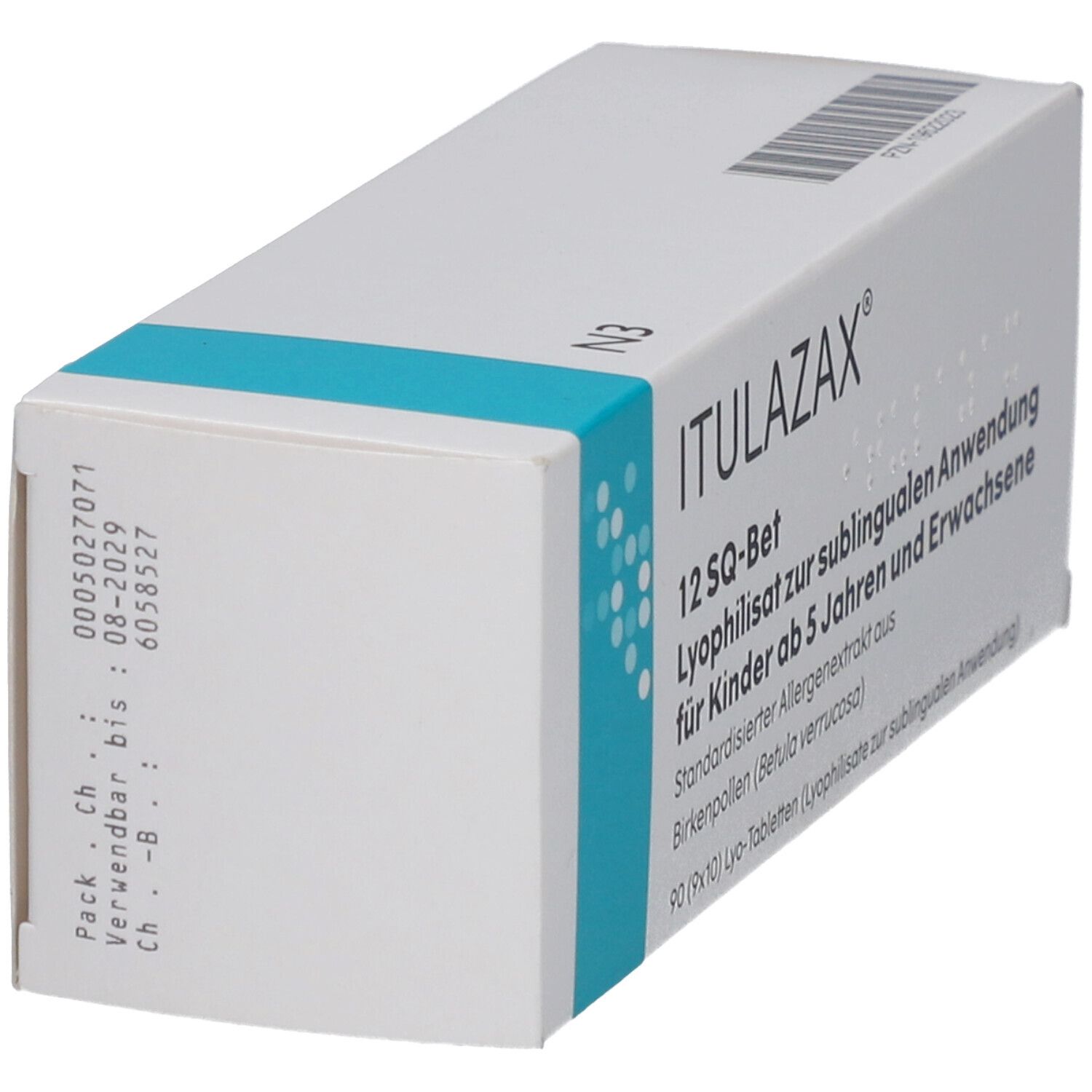 Weiße Schachtel, blaue Schrift. Aufschrift: ITULAZAX 12 SQ-Bet. Barcode. Packungsbeilage. Verwendbar bis 08-2029.