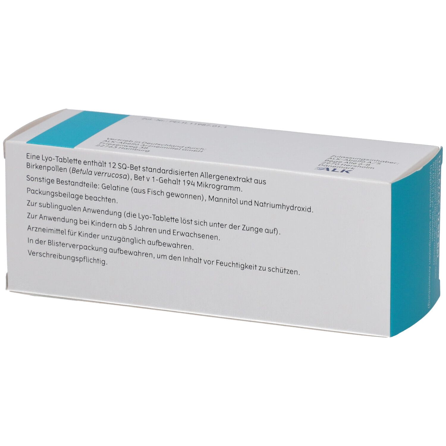 Weiße Schachtel mit blauer Schrift. Rückseite mit Text. Enthält 12 SQ-Bet standardisiertes Allergenextrakt. Gebrauchsanweisung.