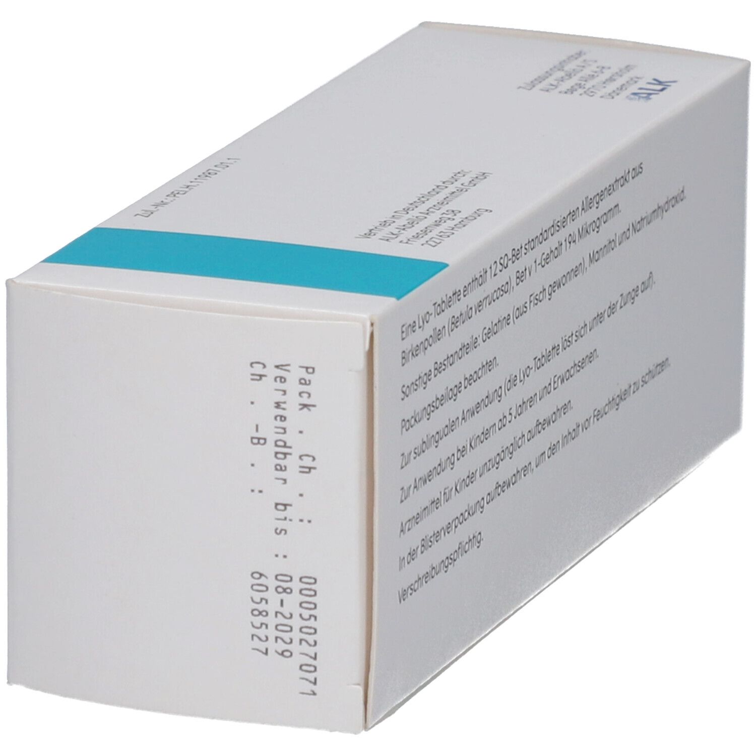 Weiße Schachtel mit blauer Schrift. Rückseite mit Text. Verwendbar bis 08-2029. Packungsbeilage.