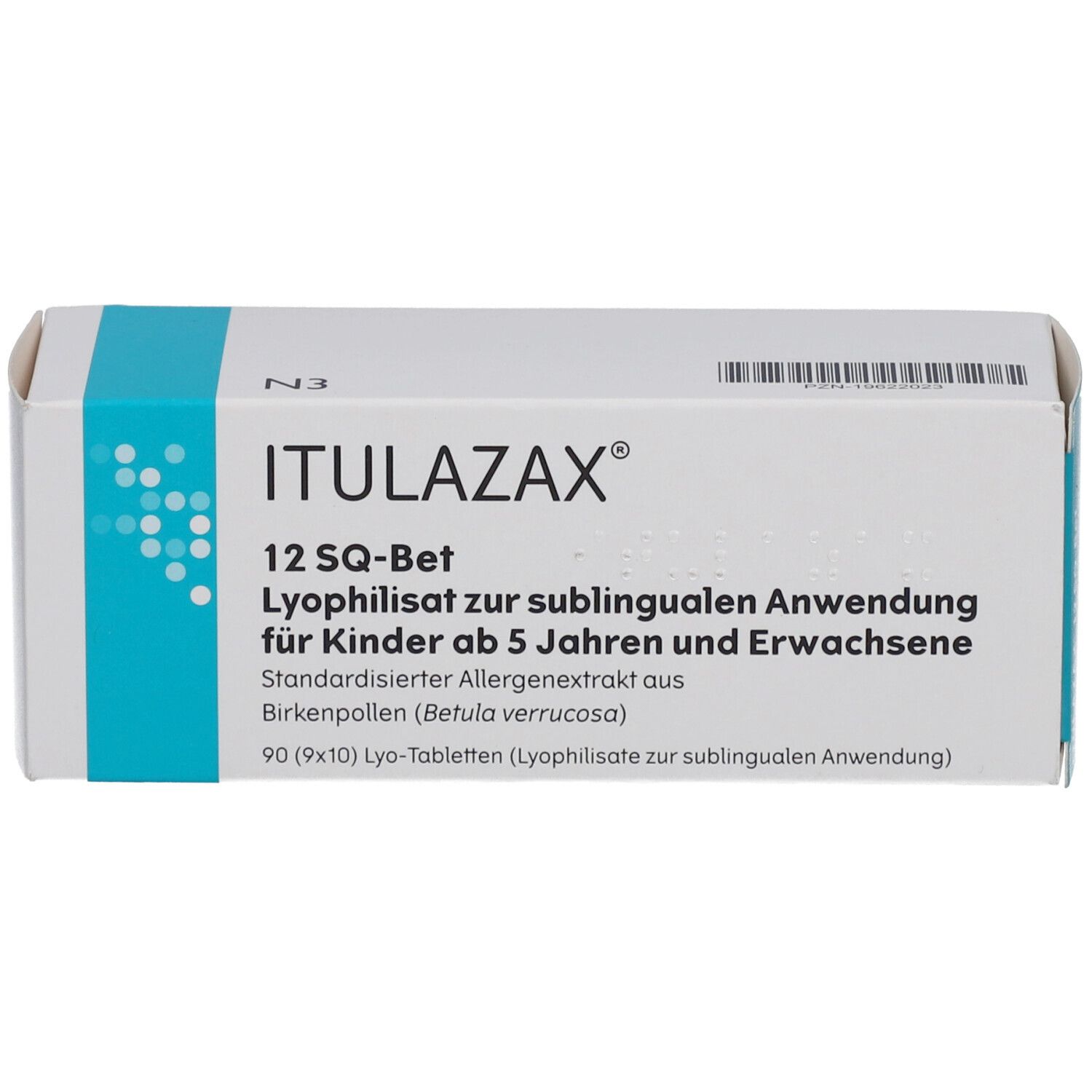 Weiße Schachtel mit blauer Schrift. Aufschrift: ITULAZAX 12 SQ-Bet. Lyophilisat zur sublingualen Anwendung. Für Kinder ab 5 Jahren und Erwachsene.