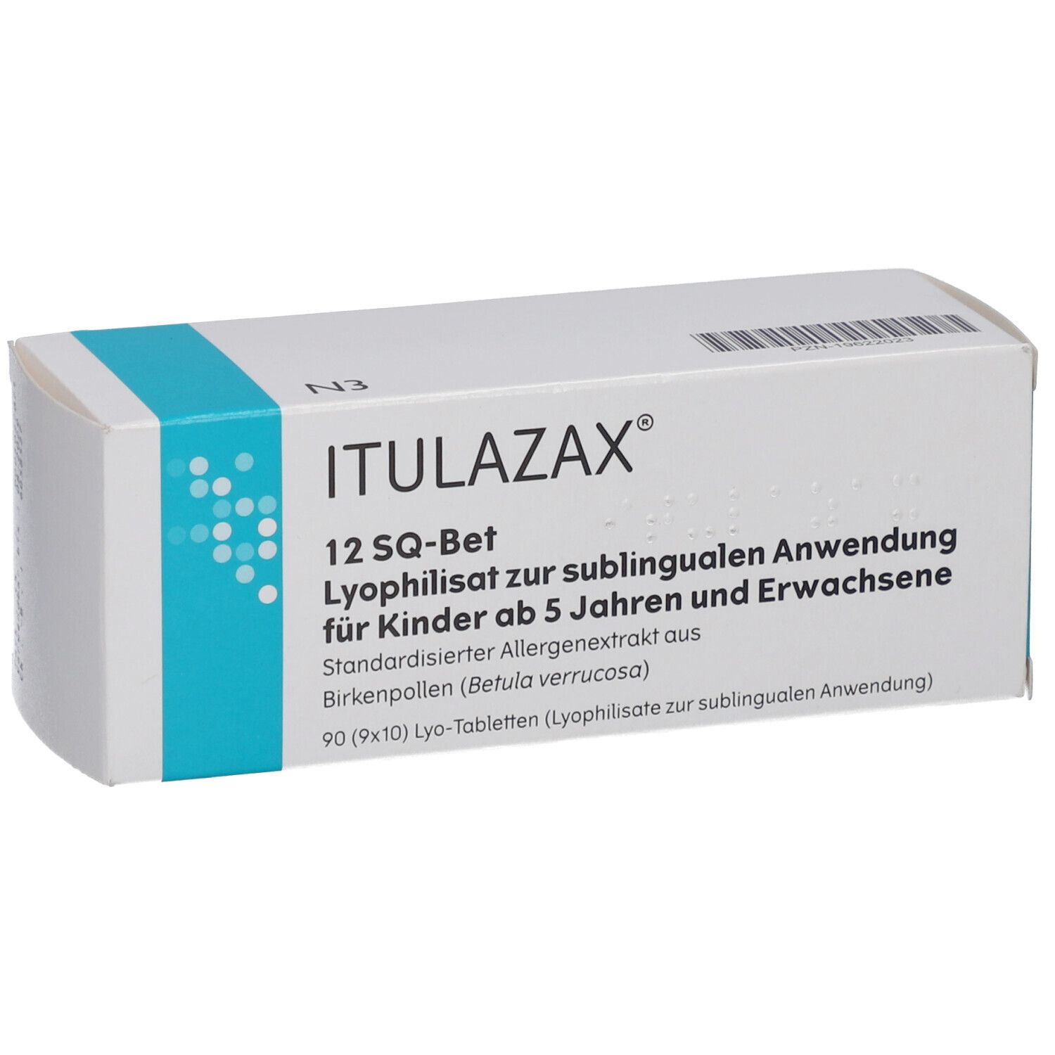 Weiße Schachtel mit blauer Schrift. Aufschrift: ITULAZAX 12 SQ-Bet. Lyophilisat zur sublingualen Anwendung. Für Kinder ab 5 Jahren und Erwachsene.