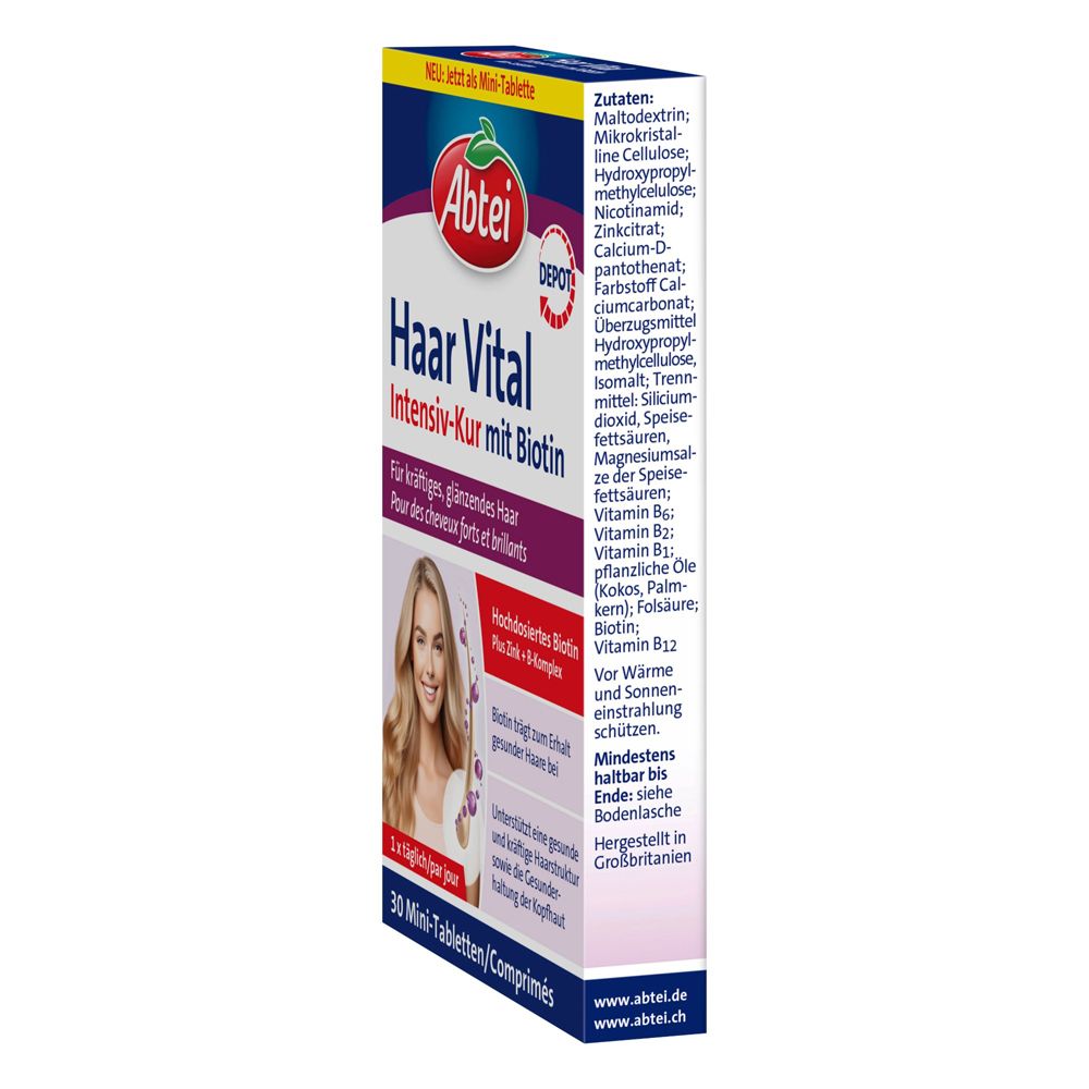 Abtei Haar Vital Intensiv-Kur Packung. Enthält 30 Mini-Tabletten. Zutatenliste auf der Seite. Enthält Biotin, Zink und B-Vitamine.