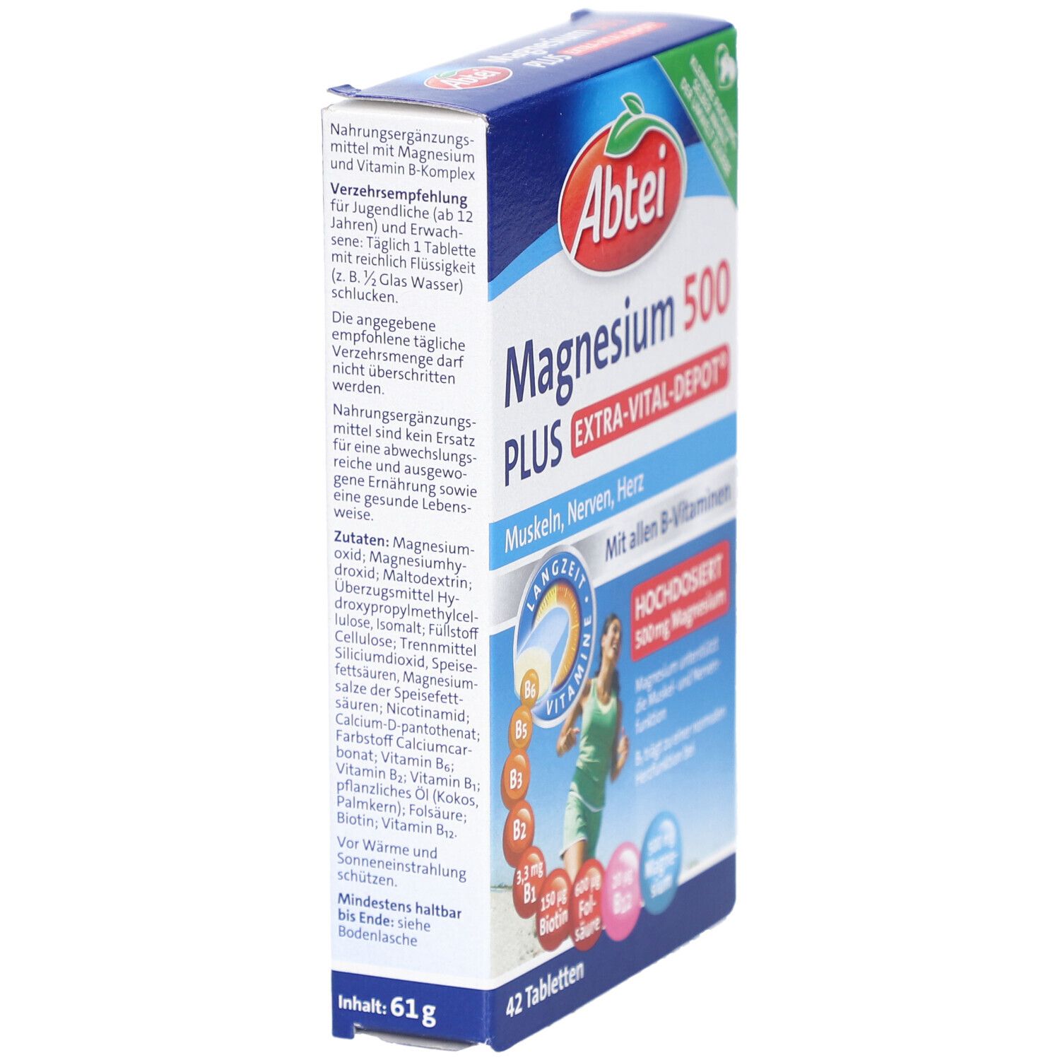 Abtei Magnesium 500 Plus Tabletten. Verpackung mit Produktinformationen. 42 Tabletten, 61g.