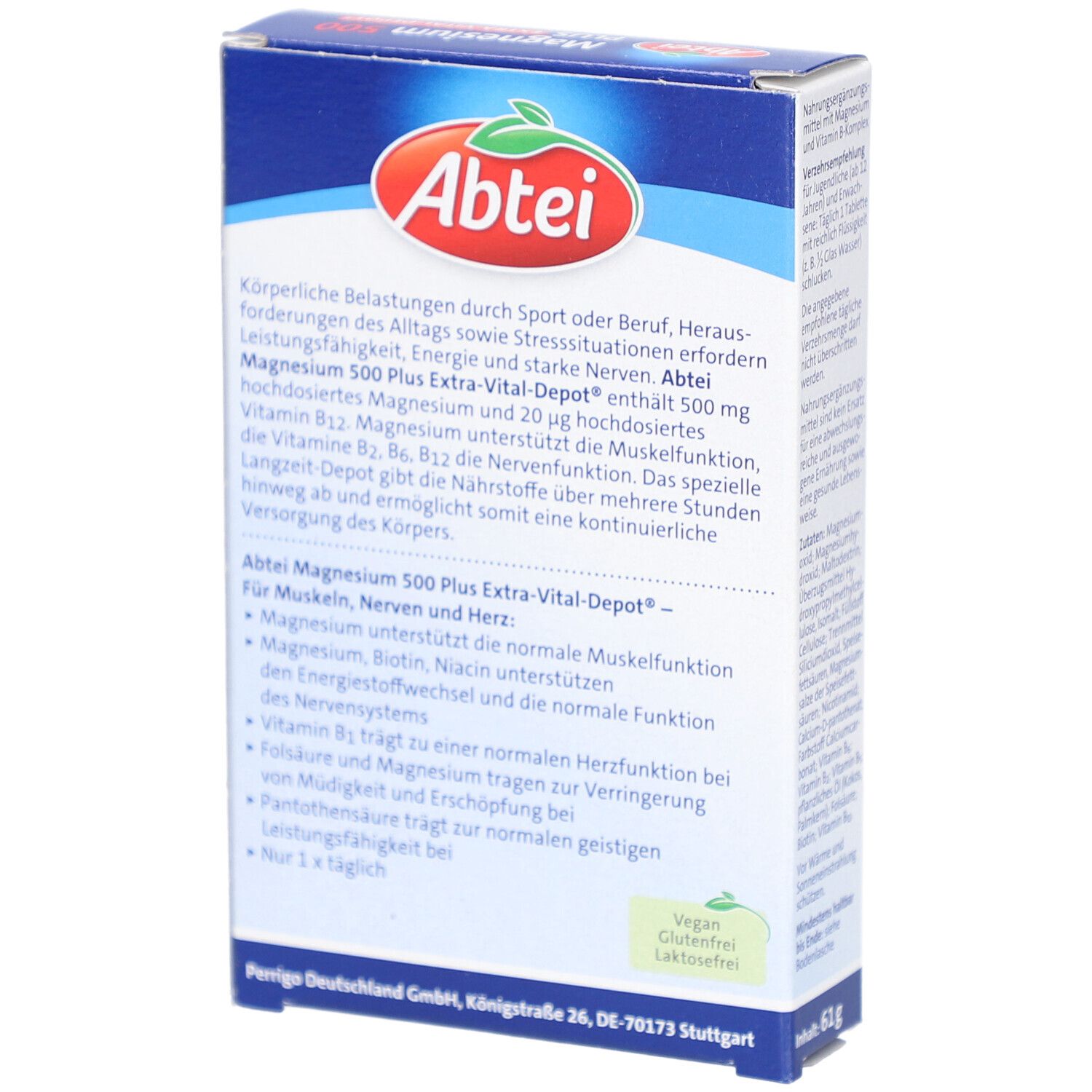 Rückseite der Abtei Magnesium 500 Plus Tabletten Verpackung. Textinformationen und Logo.