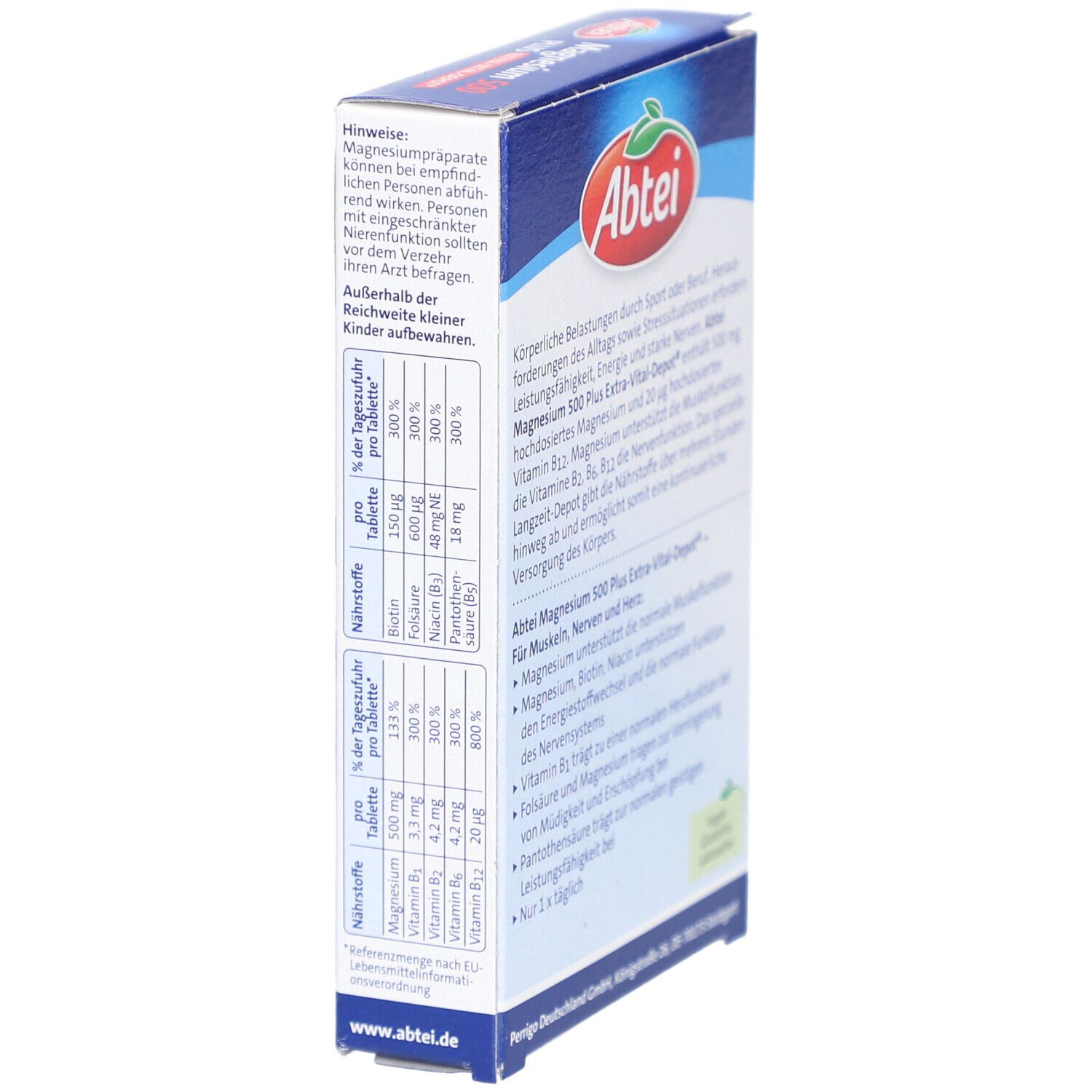 Seite der Abtei Magnesium 500 Plus Tabletten Verpackung. Textinformationen und Logo.
