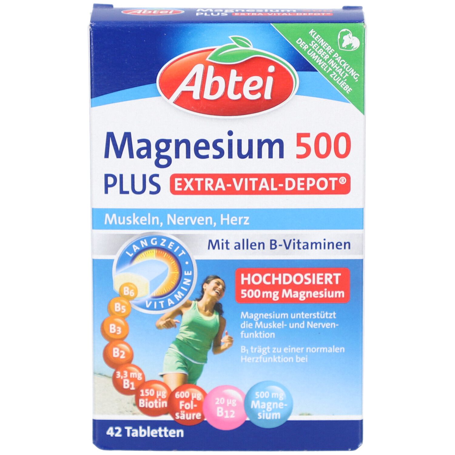Abtei Magnesium 500 Plus Tabletten. Verpackung mit Produktinformationen und Logo. 42 Tabletten.