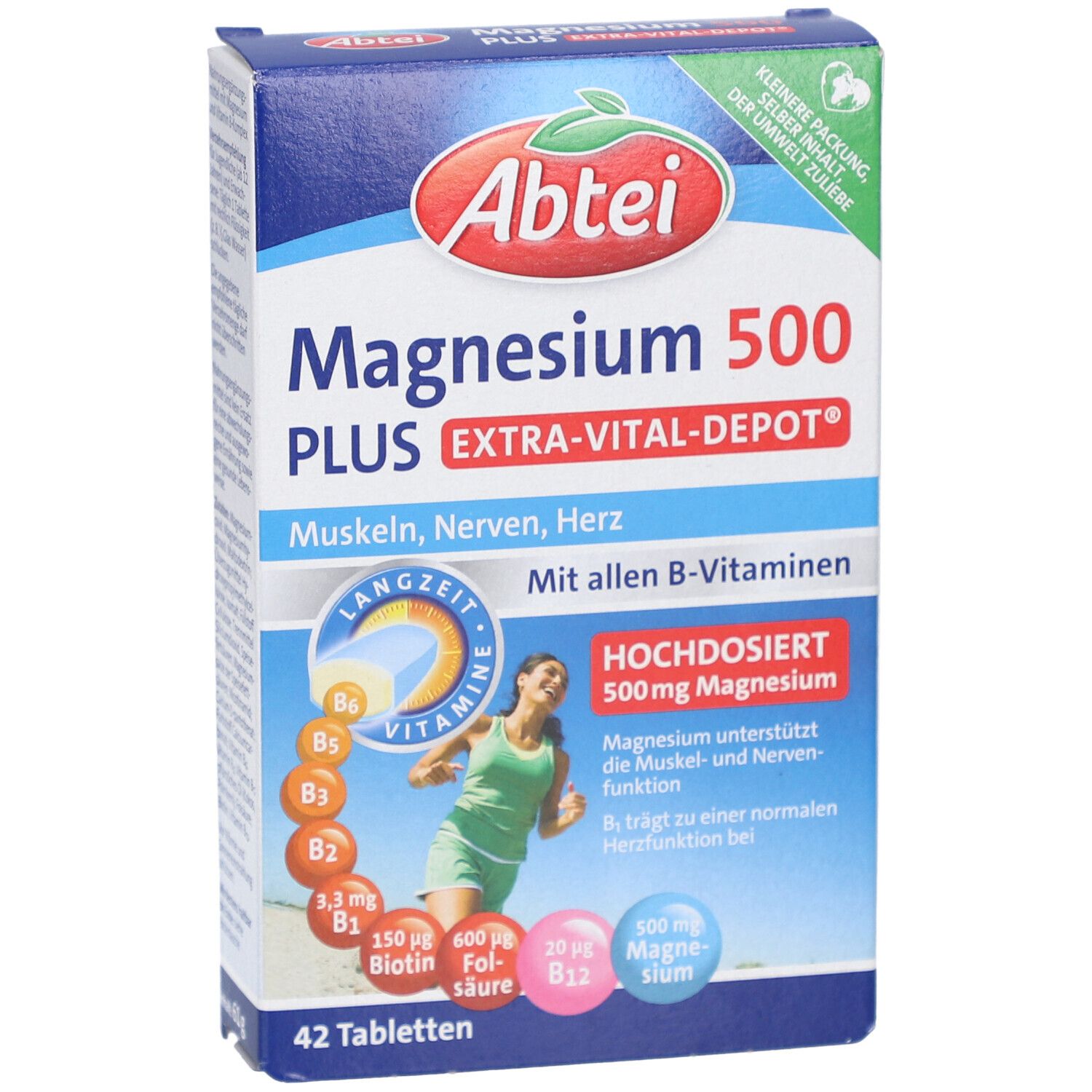 Abtei Magnesium 500 Plus Tabletten. Verpackung mit Produktinformationen und Logo. 42 Tabletten.