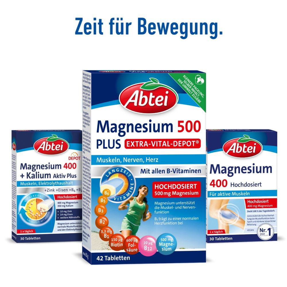 Drei Abtei Magnesium Produkte. Magnesium 500 Plus, Magnesium 400 + Kalium, Magnesium 400. 30-42 Tabletten.