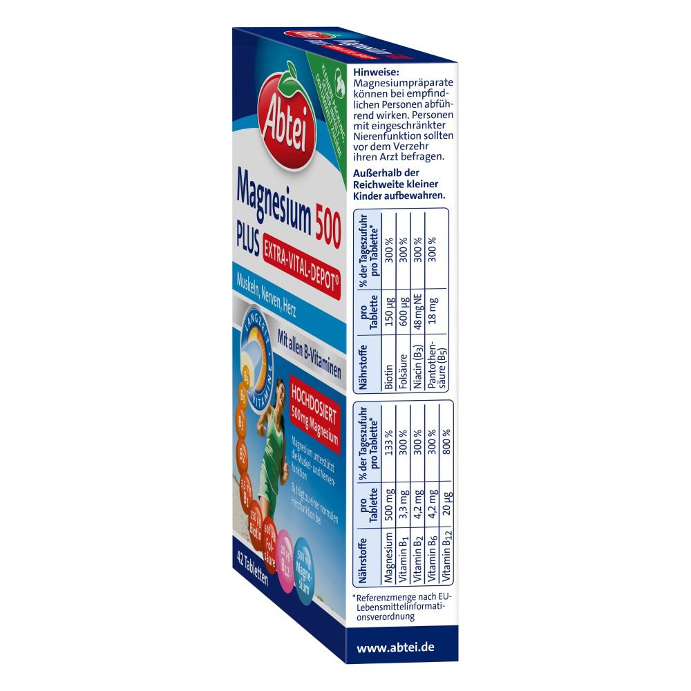 Seitenansicht der Abtei Magnesium 500 Plus Extra-Vital-Depot Packung. Text mit Nährwertangaben.