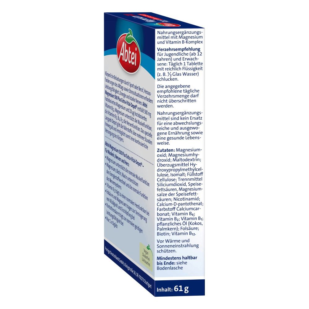Seitenansicht der Abtei Magnesium 500 Plus Extra-Vital-Depot Packung. Text über Inhaltsstoffe und Anwendung.