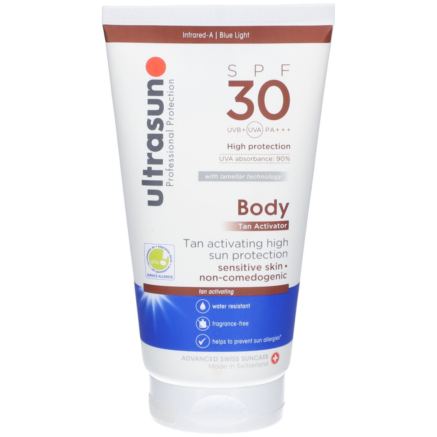 Weisse Tube mit rotem Punkt und Aufschrift 'Ultrasun SPF 30'. Text: 'Body Tan Activator'.