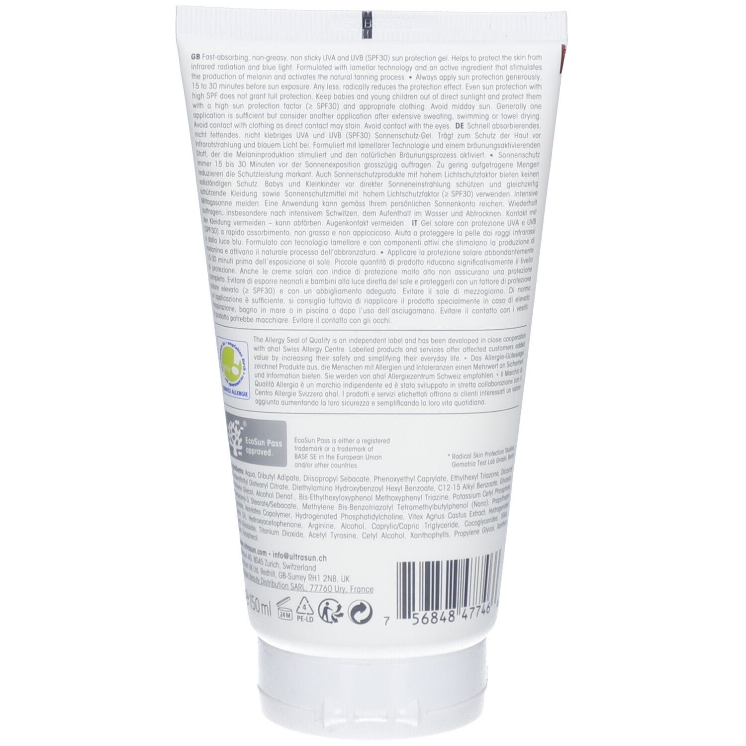 Rückseite der Tube. Text und Barcode. Label: 'Swiss Energy'.