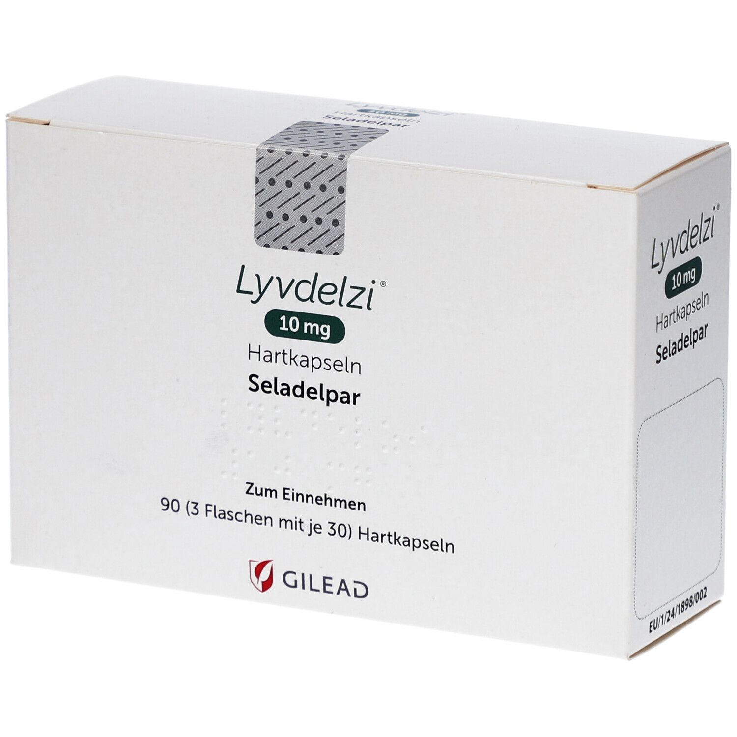 Weiße Verpackung mit LYVDELZI 10 mg Hartkapseln. Aufdrucke: Hartkapseln, Seladelpar, Gilead-Logo, 90 Kapseln.