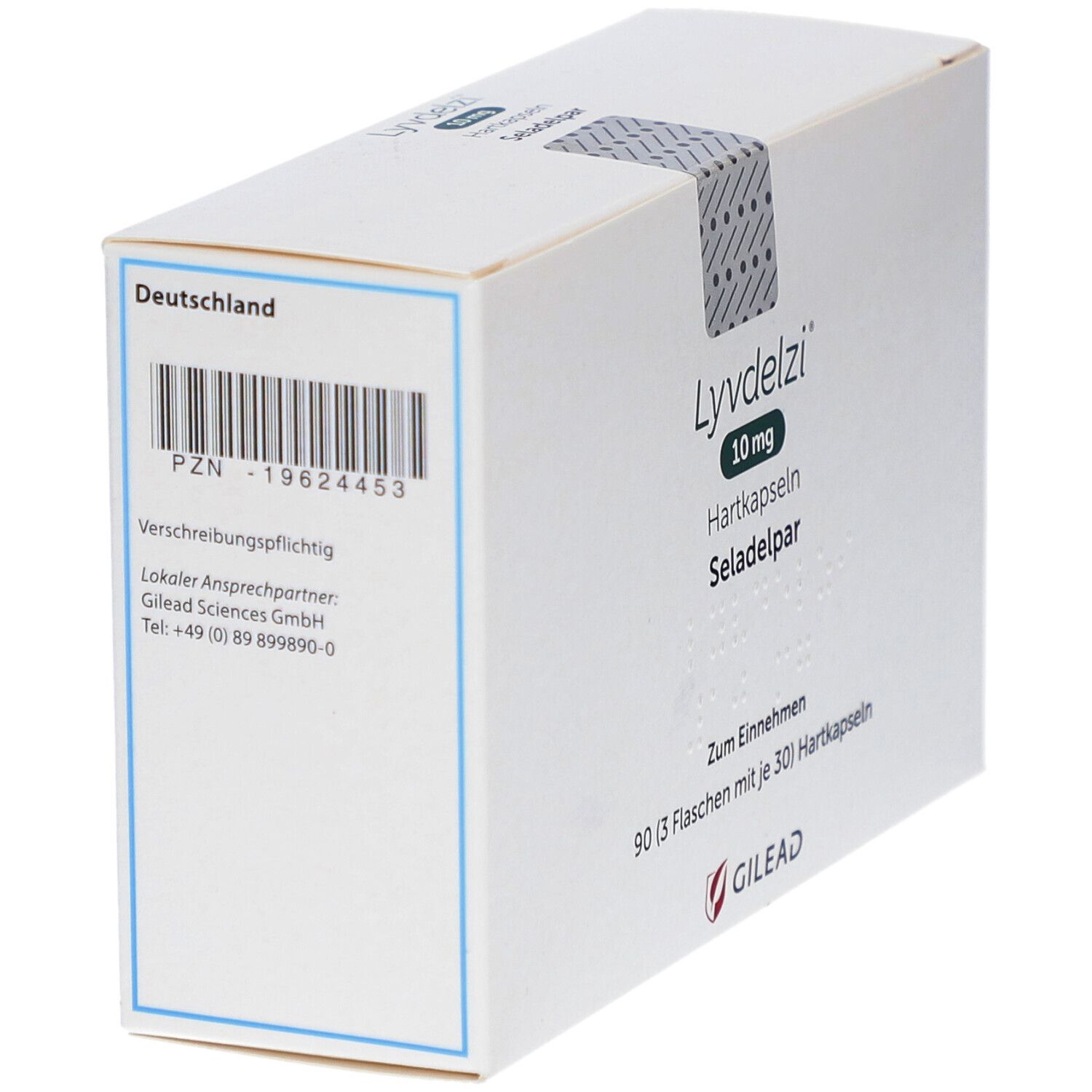 Weiße Verpackung LYVDELZI 10 mg Hartkapseln. Aufdrucke: Hartkapseln, Seladelpar, Gilead-Logo, Barcode, PZN-19624453.