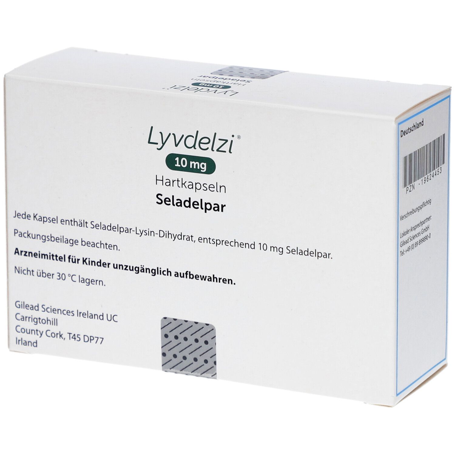 Weiße Verpackung LYVDELZI 10 mg Hartkapseln. Aufdrucke: Hartkapseln, Seladelpar, Gilead-Logo, Text, Warnhinweise.