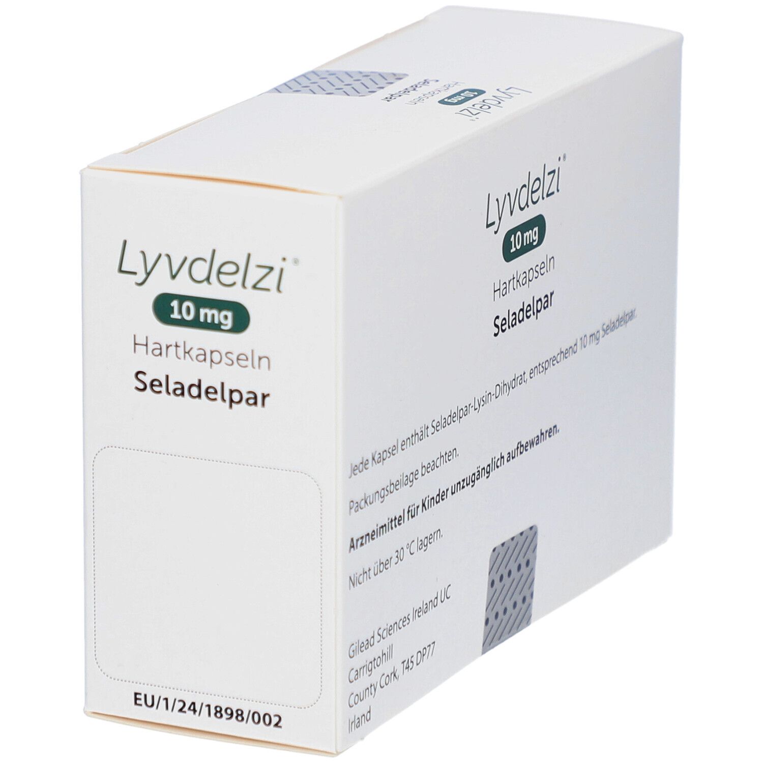 Weiße Verpackung LYVDELZI 10 mg Hartkapseln. Aufdrucke: Hartkapseln, Seladelpar, Gilead-Logo, EU-Nummer.