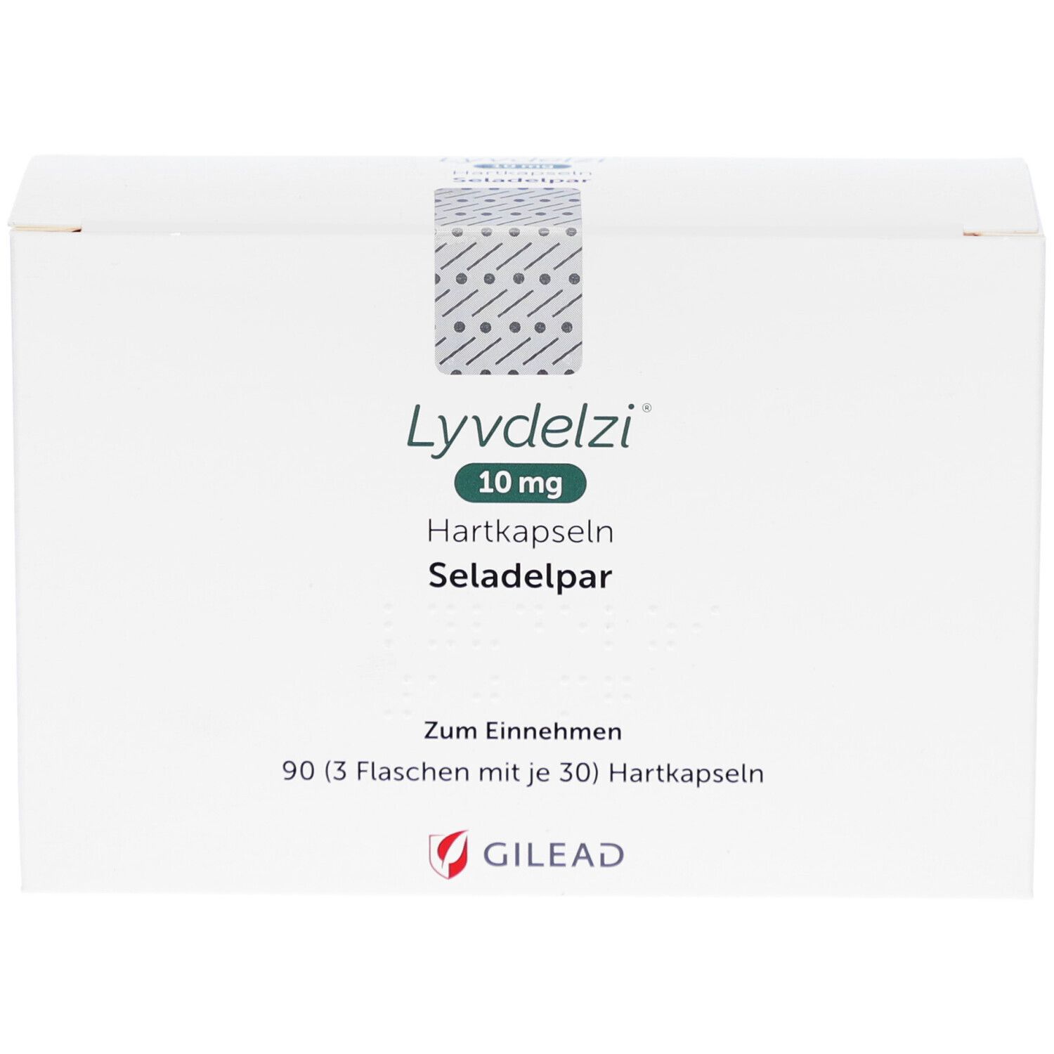 Weiße Verpackung LYVDELZI 10 mg Hartkapseln. Aufdrucke: Hartkapseln, Seladelpar, Gilead-Logo, 90 Kapseln.