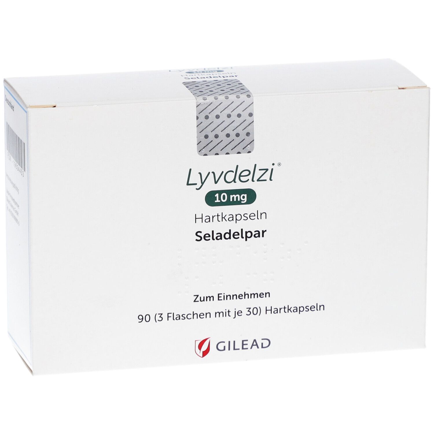 Weiße Verpackung LYVDELZI 10 mg Hartkapseln. Aufdrucke: Hartkapseln, Seladelpar, Gilead-Logo, 90 Kapseln.