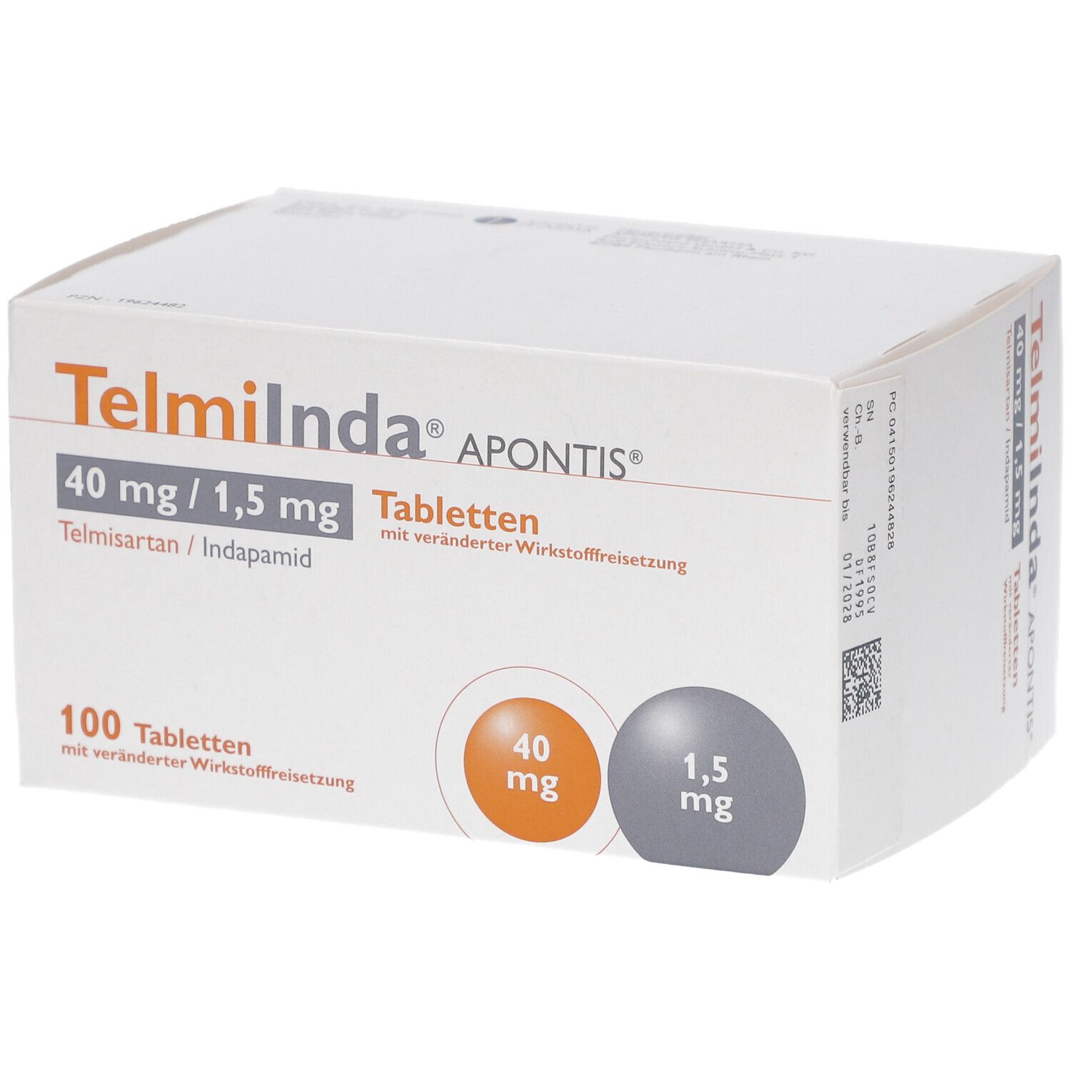 Weiße Schachtel mit Aufschrift Telmiinda APONTIS, 40 mg/1,5 mg Tabletten. 100 Tabletten. Zwei farbige Kreise mit mg-Angaben.