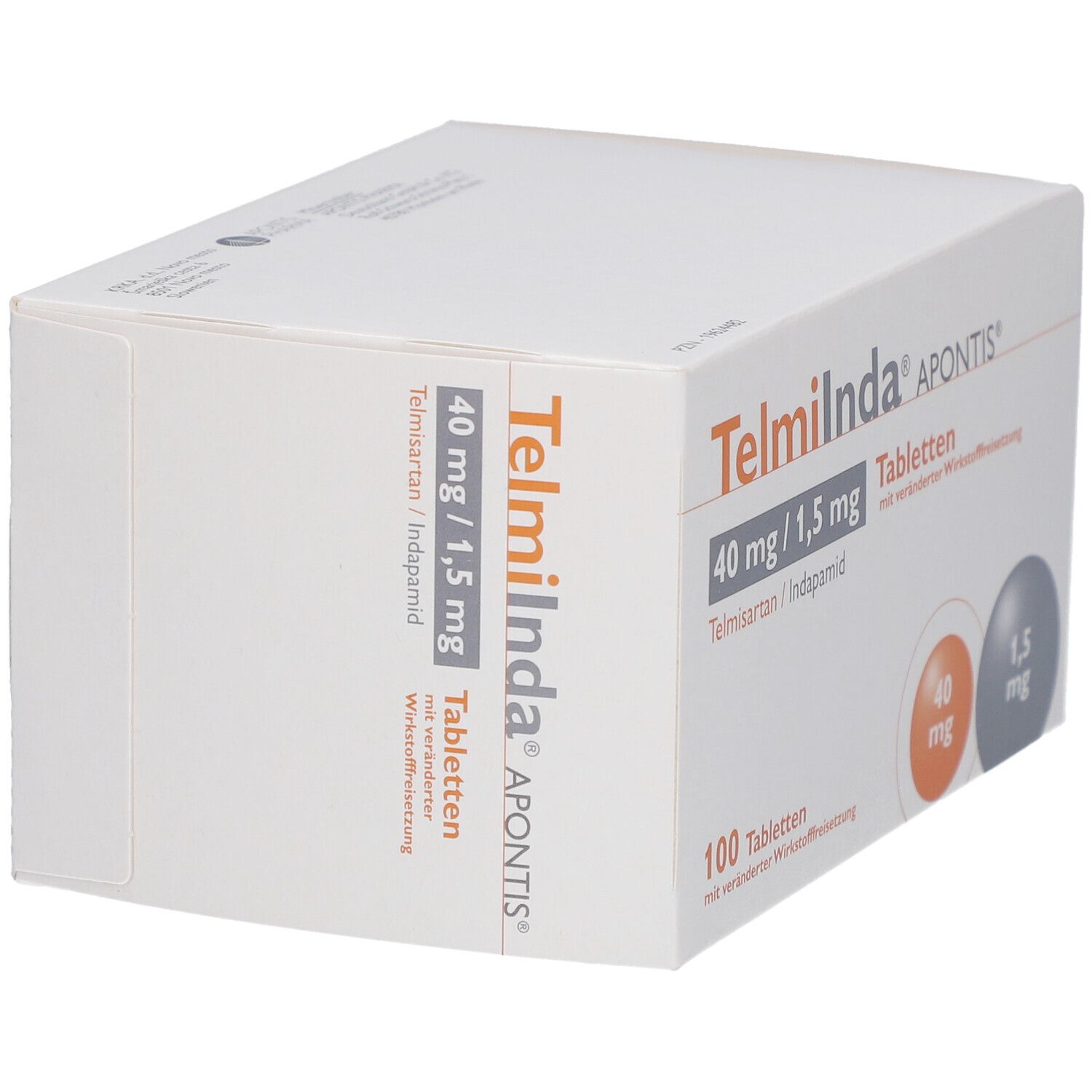 Weiße Schachtel Telmiinda APONTIS, 40 mg/1,5 mg Tabletten. 100 Tabletten. Zwei farbige Kreise mit mg-Angaben. Schachtel schräg.