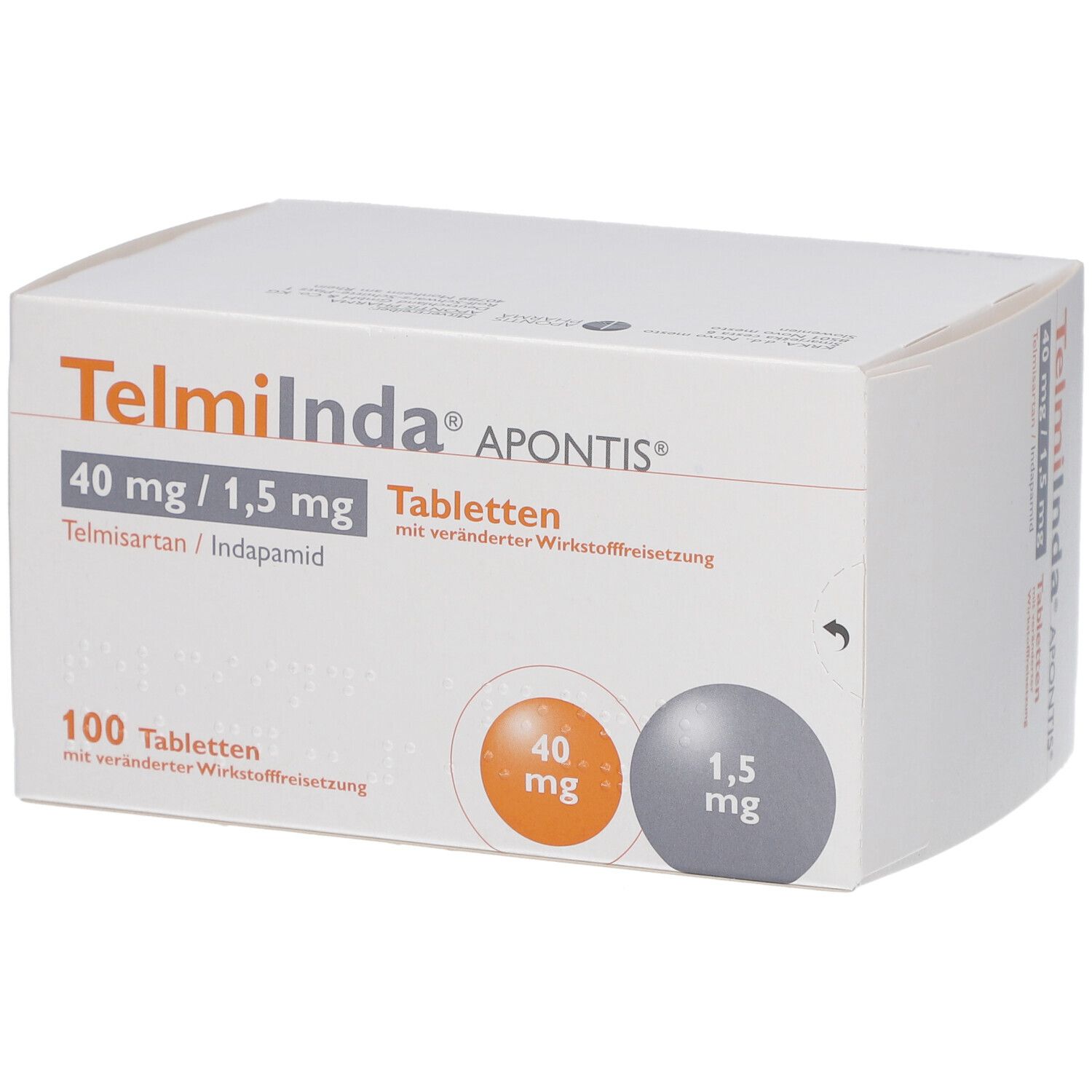 Weiße Schachtel Telmiinda APONTIS, 40 mg/1,5 mg Tabletten. 100 Tabletten. Zwei farbige Kreise mit mg-Angaben.
