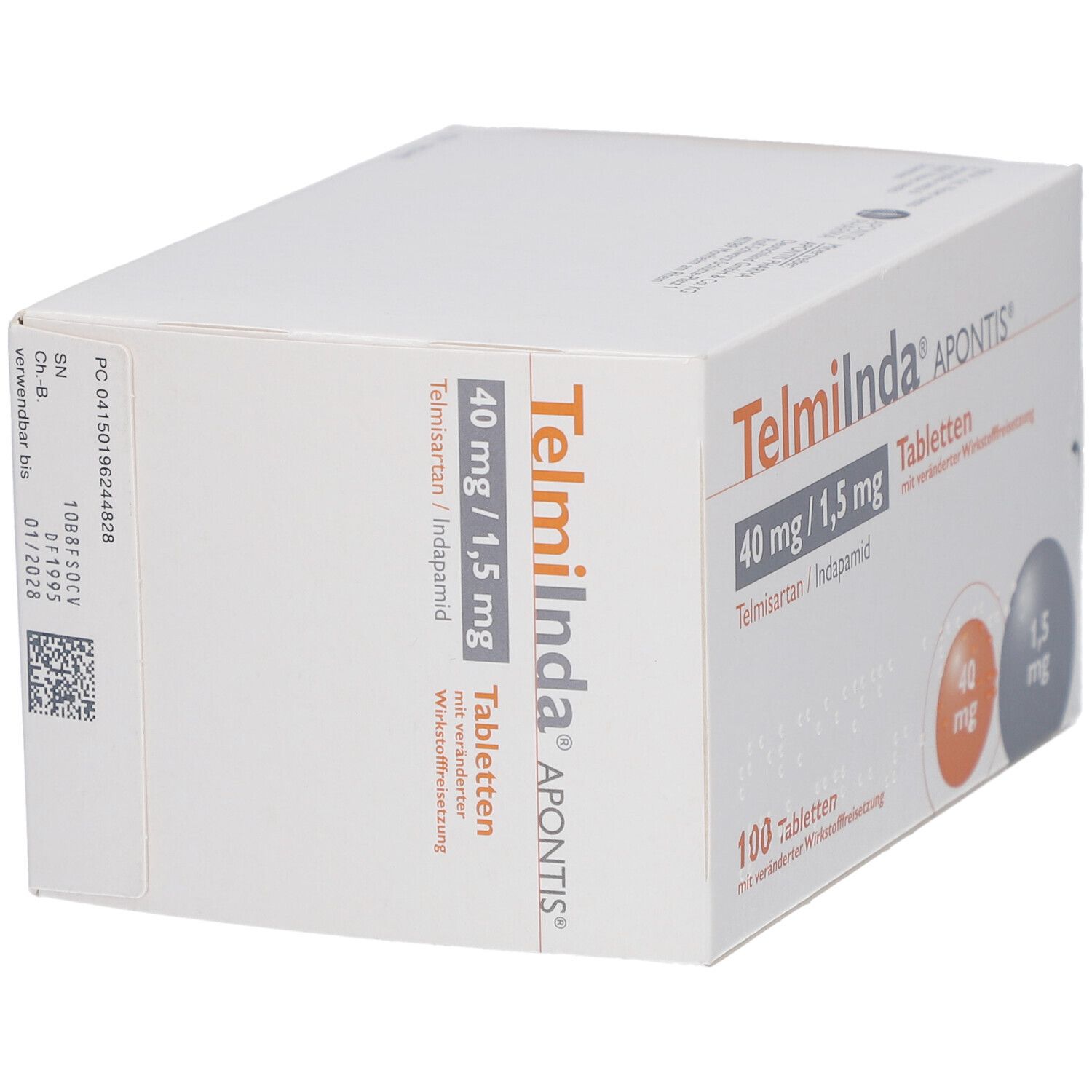Weiße Schachtel Telmiinda APONTIS, 40 mg/1,5 mg Tabletten. 100 Tabletten. Zwei farbige Kreise mit mg-Angaben. Detailansicht.