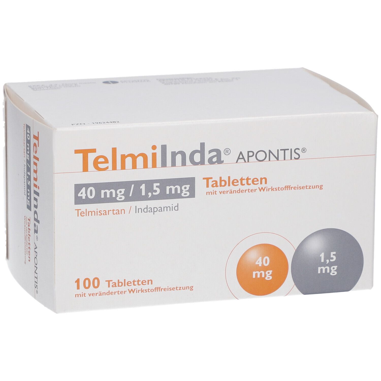 Weiße Schachtel Telmiinda APONTIS, 40 mg/1,5 mg Tabletten. 100 Tabletten. Zwei farbige Kreise mit mg-Angaben.