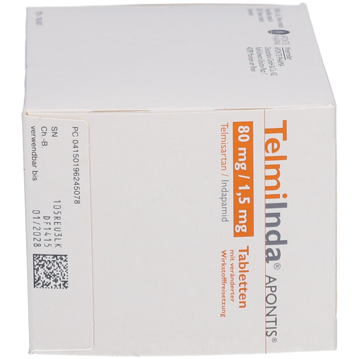 Schachtel mit TELMIINDA APONTIS Tabletten. Aufdruck: 80 mg/1,5 mg, Telmisartan/Indapamid. Weiße Verpackung, orangefarbene und graue Akzente.