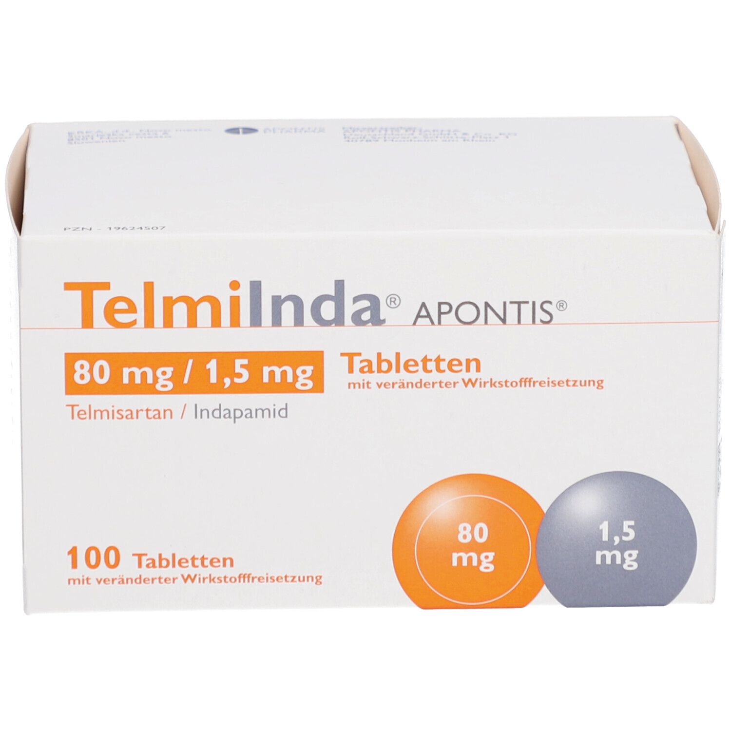 Schachtel mit TELMIINDA APONTIS Tabletten. Aufdruck: 80 mg/1,5 mg, Telmisartan/Indapamid. Weiße Verpackung, orangefarbene und graue Kreise.