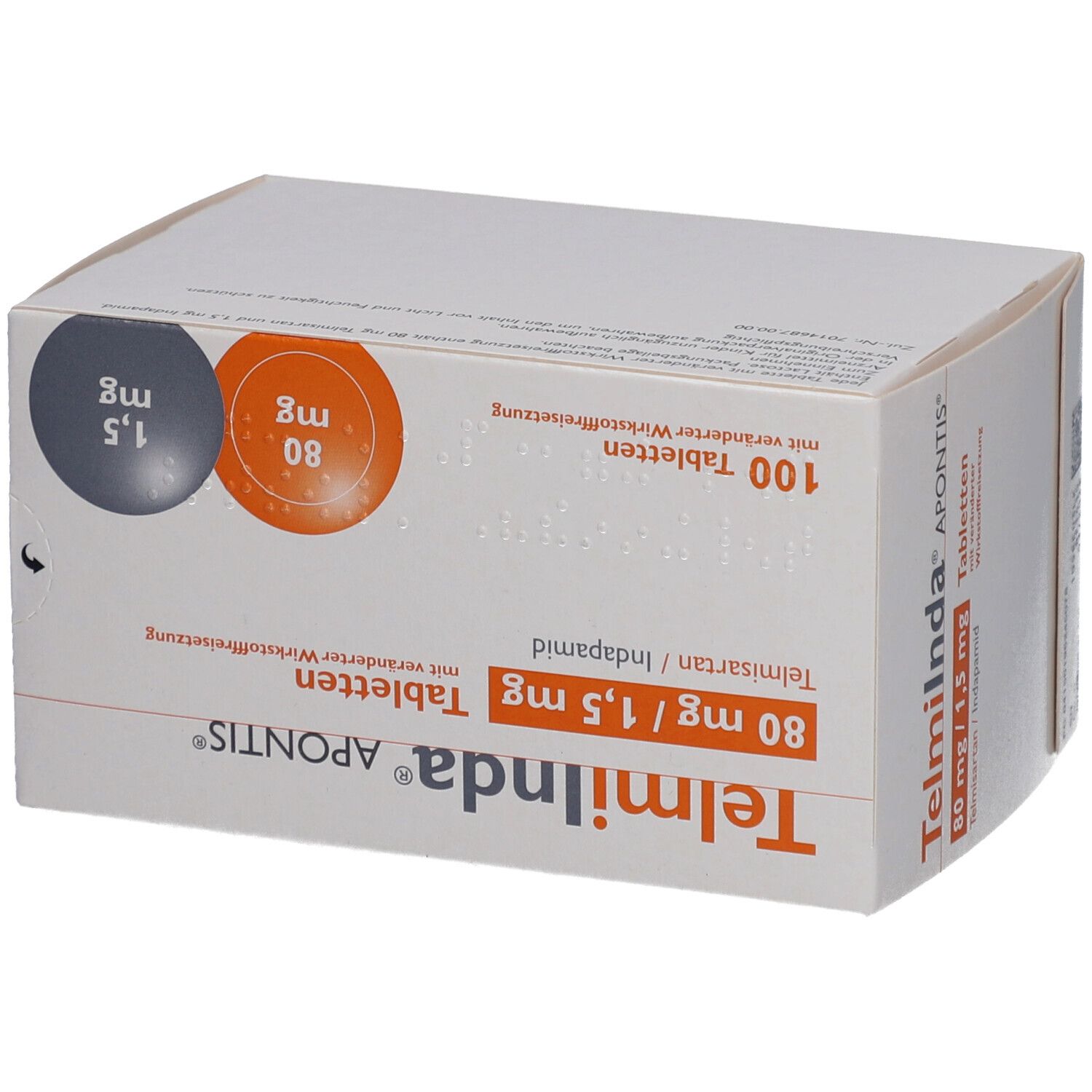 Schachtel mit TELMIINDA APONTIS Tabletten. Aufdruck: 80 mg/1,5 mg, Telmisartan/Indapamid. Weiße Verpackung, orangefarbene und graue Kreise.