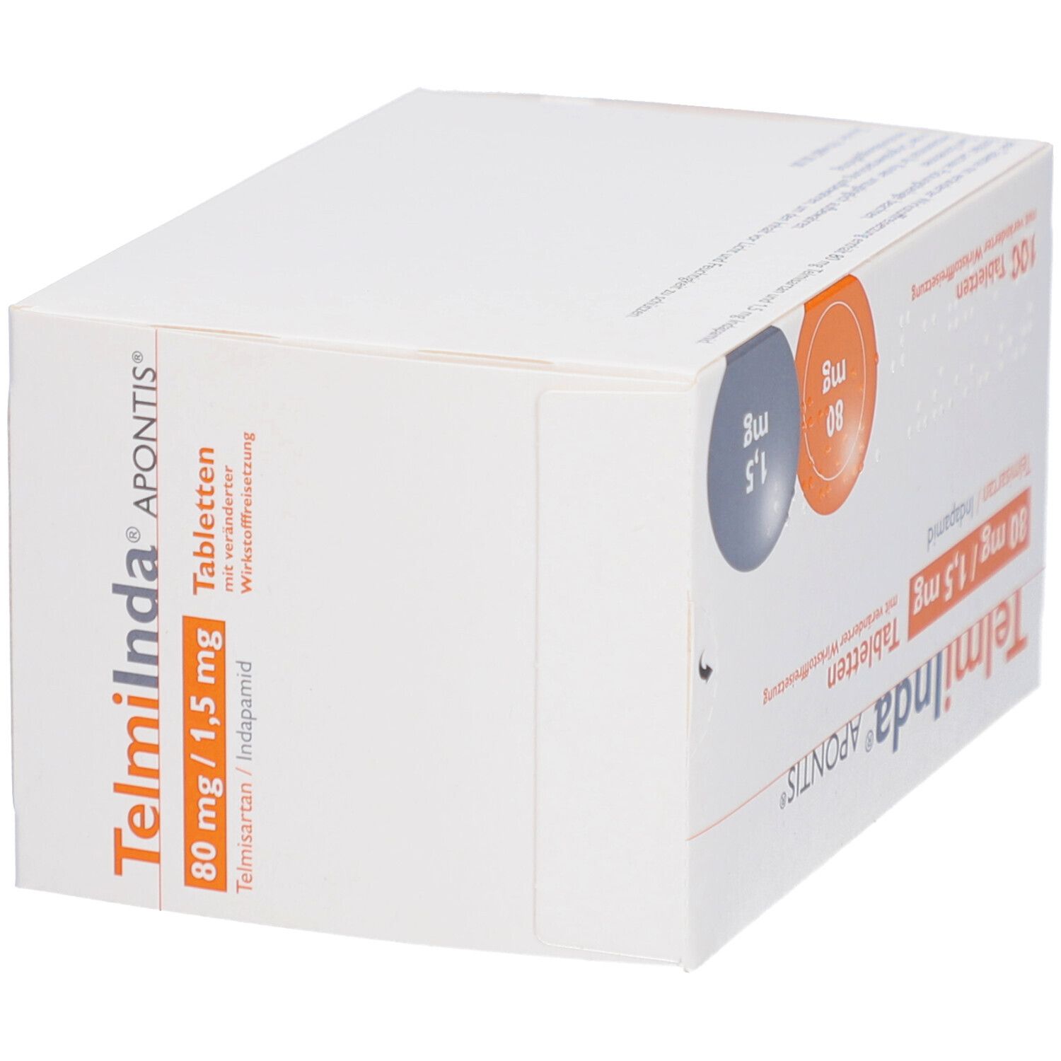 Schachtel mit TELMIINDA APONTIS Tabletten. Aufdruck: 80 mg/1,5 mg, Telmisartan/Indapamid. Weiße Verpackung, orangefarbene und graue Kreise.