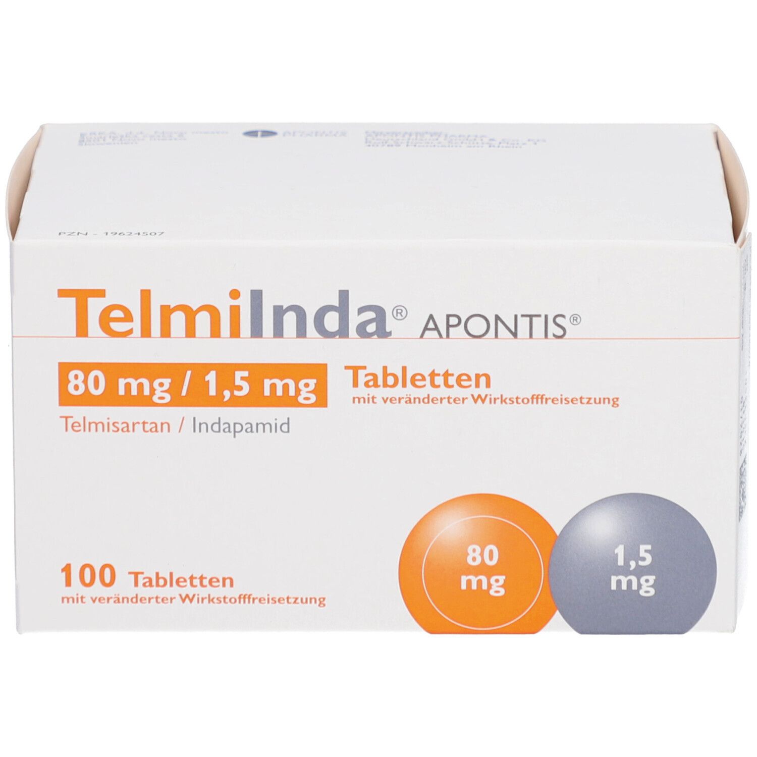 Schachtel mit TELMIINDA APONTIS Tabletten. Aufdruck: 80 mg/1,5 mg, Telmisartan/Indapamid. Weiße Verpackung, orangefarbene und graue Kreise.