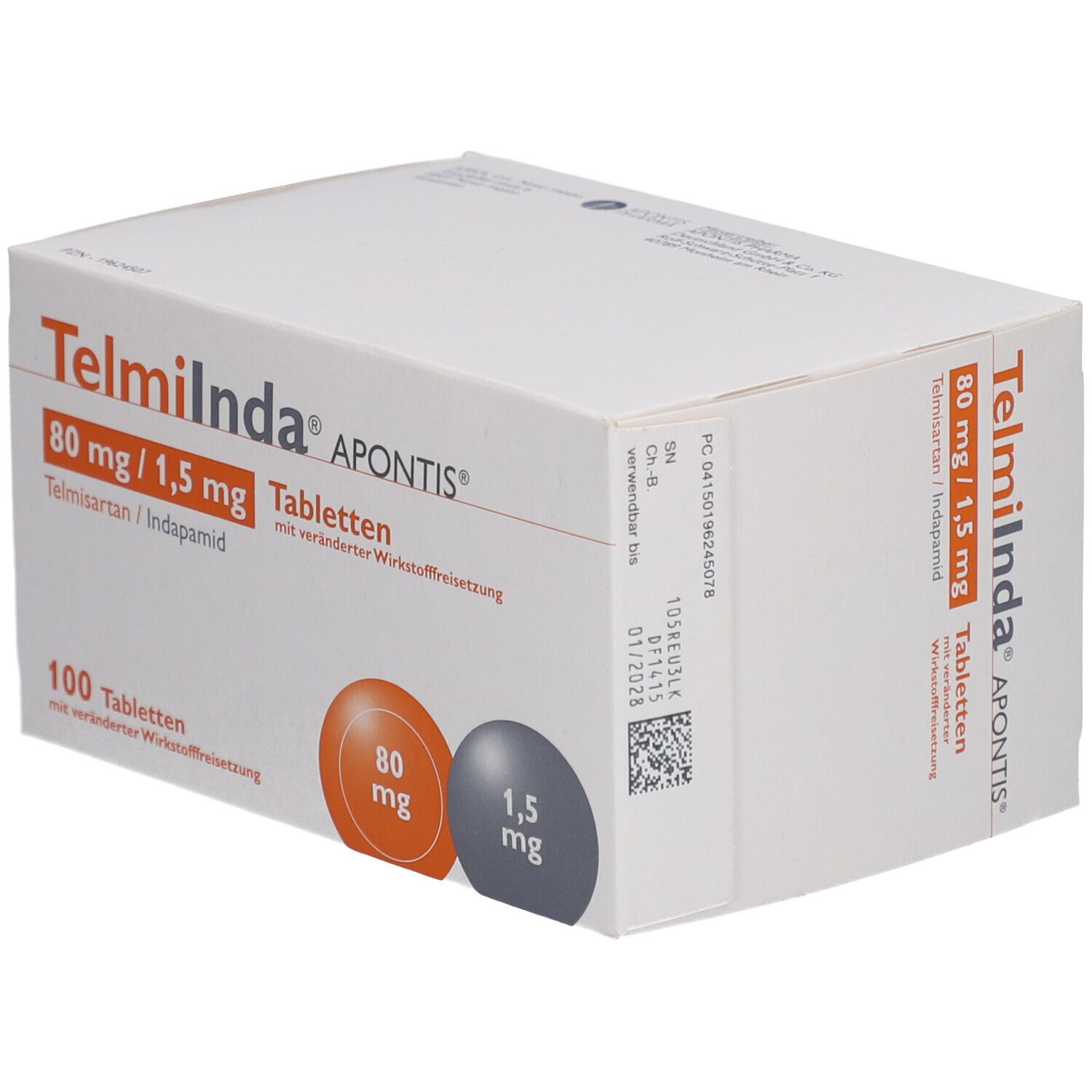 Schachtel mit TELMIINDA APONTIS Tabletten. Aufdruck: 80 mg/1,5 mg, Telmisartan/Indapamid. Weiße Verpackung, orangefarbene und graue Kreise.