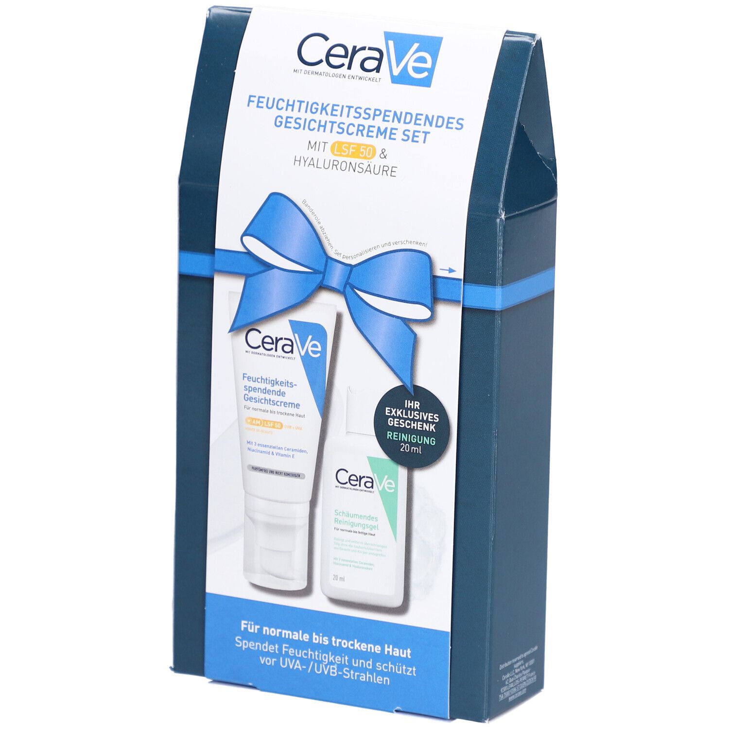 CeraVe Geschenkset. Enthält Gesichtscreme LSF 50 und Reinigungsgel. Verpackung mit blauem Band und Schleife.