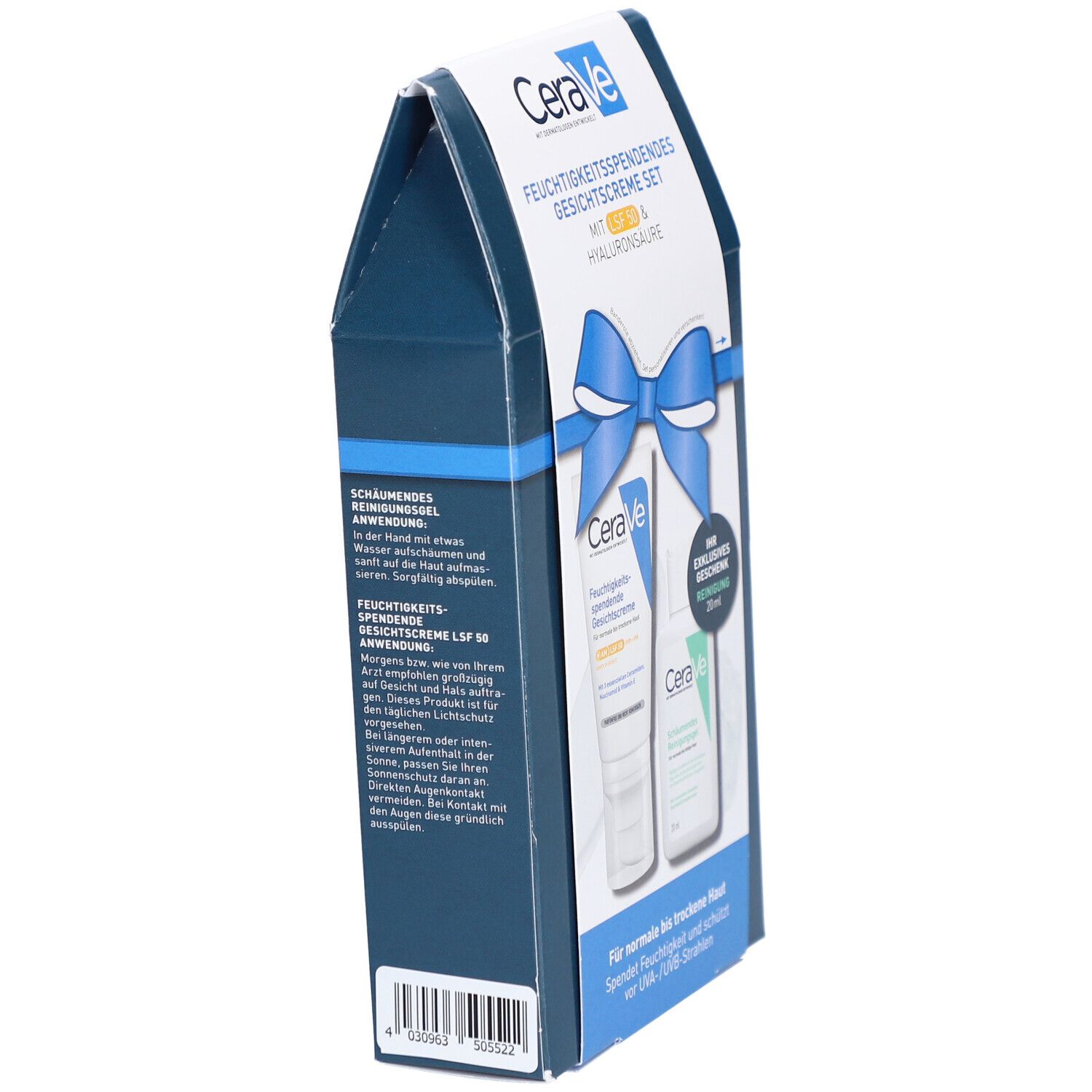 CeraVe Geschenkset. Seitenansicht der Verpackung mit Produktinformationen und Inhaltsstoffen.