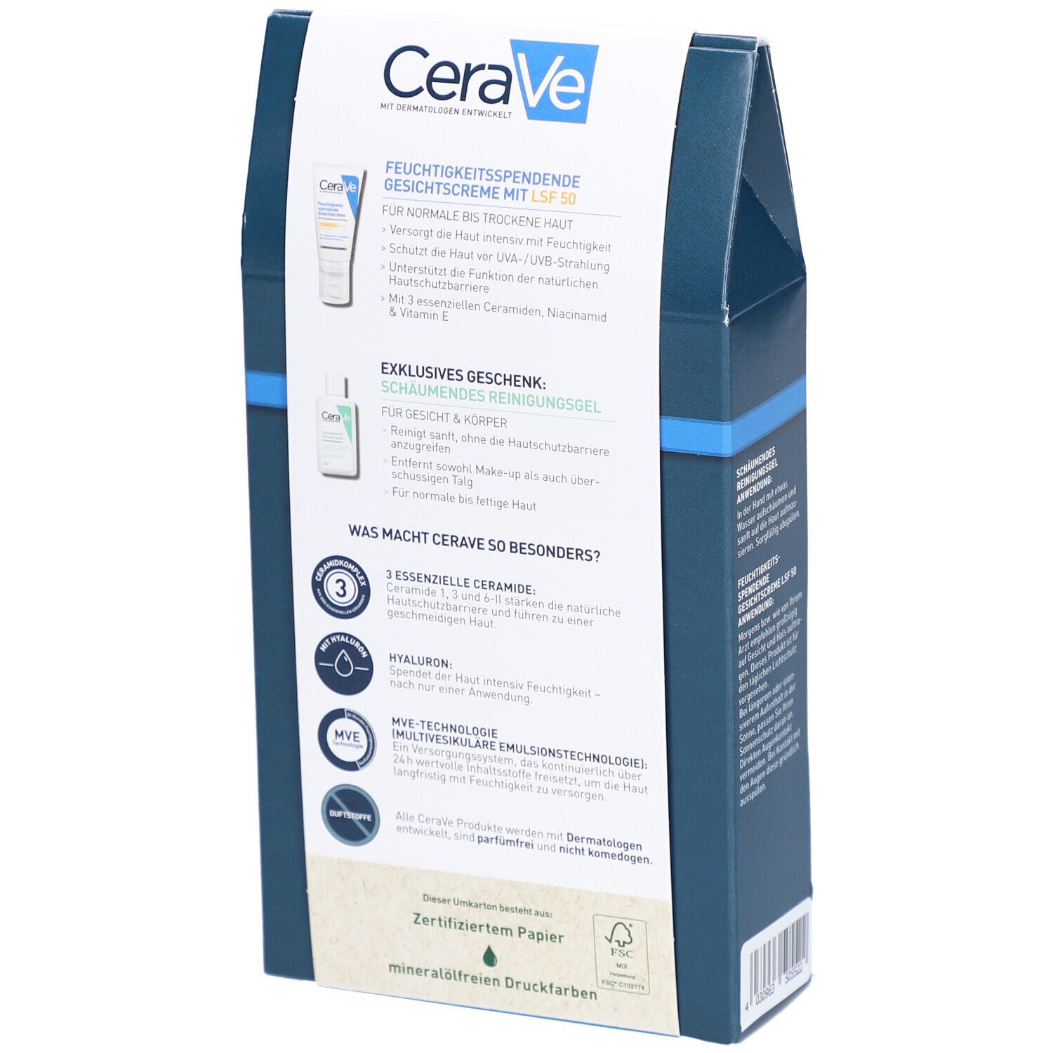 Rückseite des CeraVe Geschenksets. Text mit Produktinformationen, Inhaltsstoffen und Zertifizierungen.