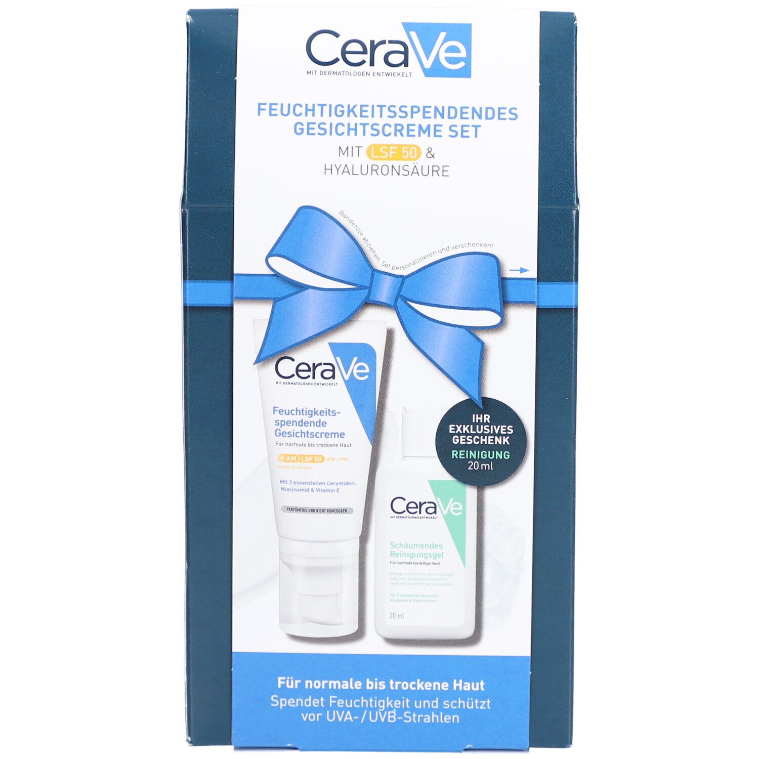 CeraVe Geschenkset. Enthält Gesichtscreme LSF 50 und Reinigungsgel. Verpackung mit blauem Band und Schleife.