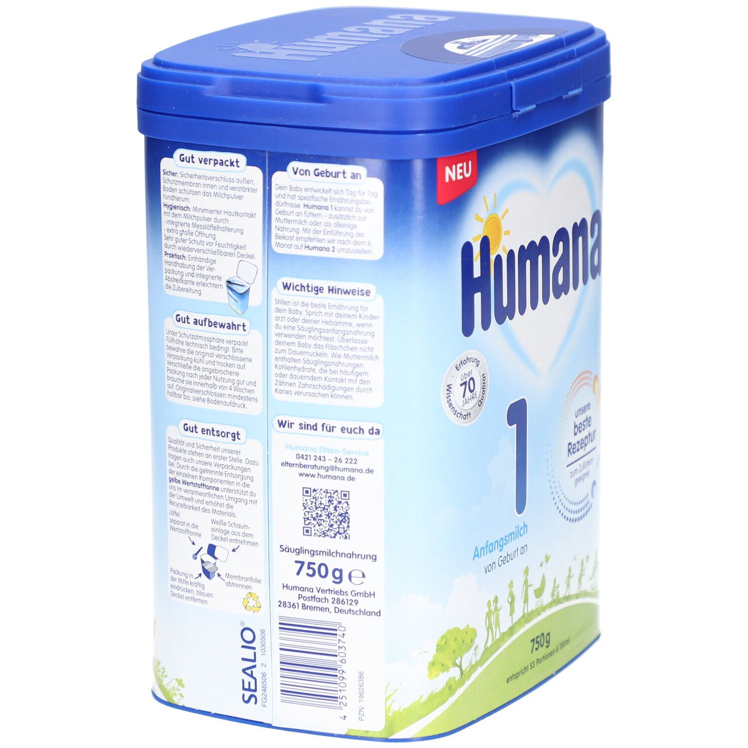 Blaue Dose Humana 1. Rückseite mit Text und QR-Code. Enthält Informationen zur Zubereitung und Inhaltsstoffe. 750g.