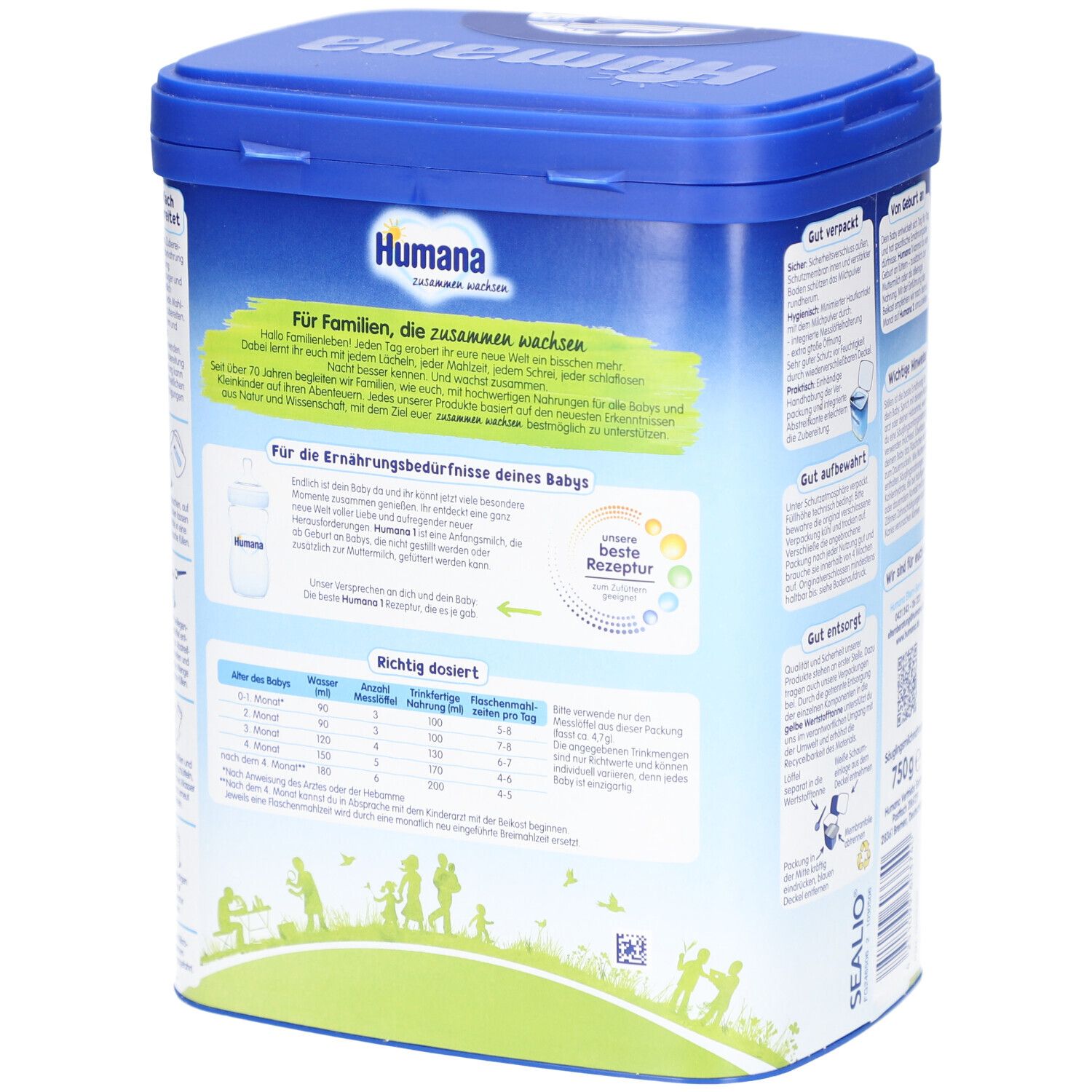 Blaue Dose Humana 1. Rückseite mit Text über die Ernährung von Babys. Enthält Dosierungsempfehlungen. 750g.