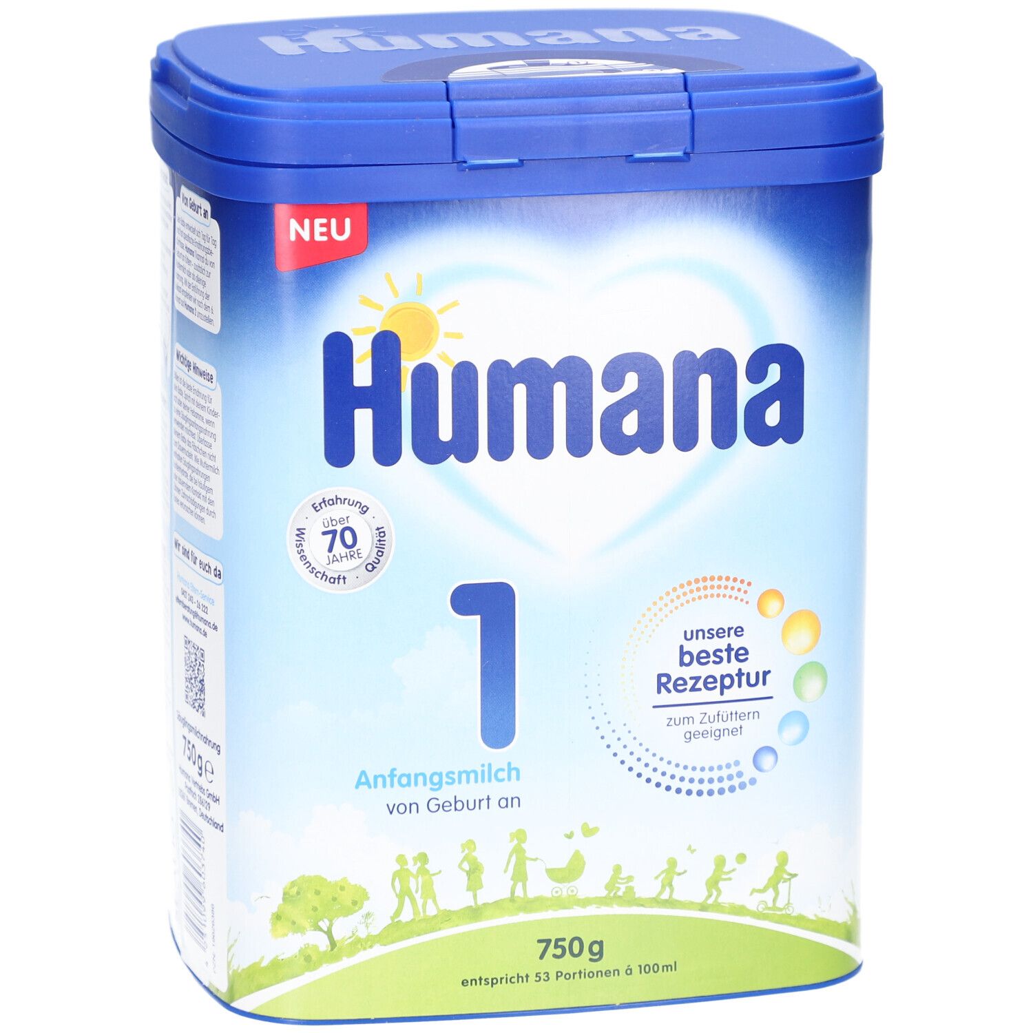 Blaue Dose Humana 1 Anfangsmilch. Aufschrift: Humana, 1, 750g. Mit Herz-Logo und Sonne. "Unsere beste Rezeptur".
