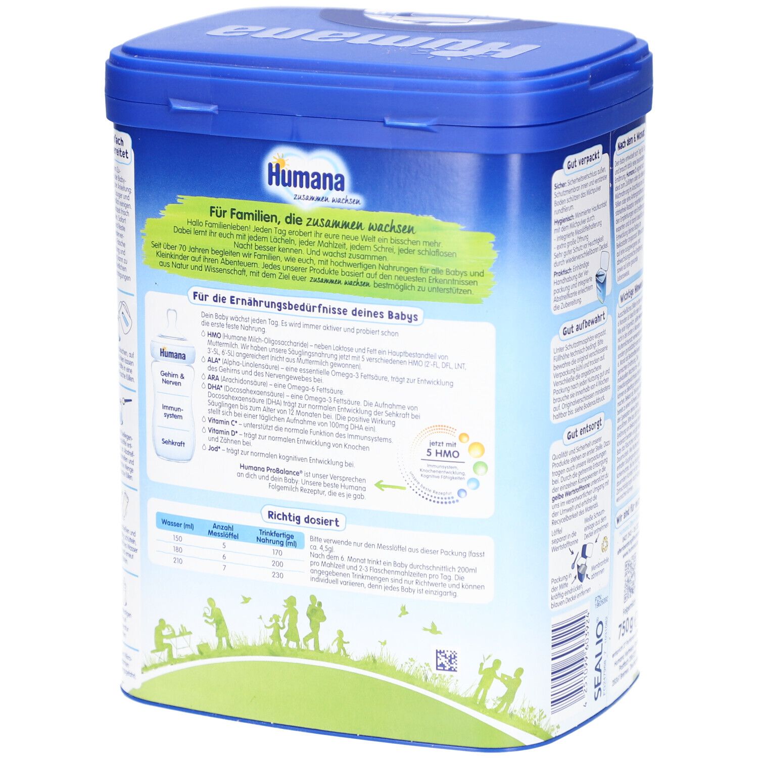 Seite der Humana Probalance 2 Dose. Informationen zur Ernährung des Babys und Dosierung.