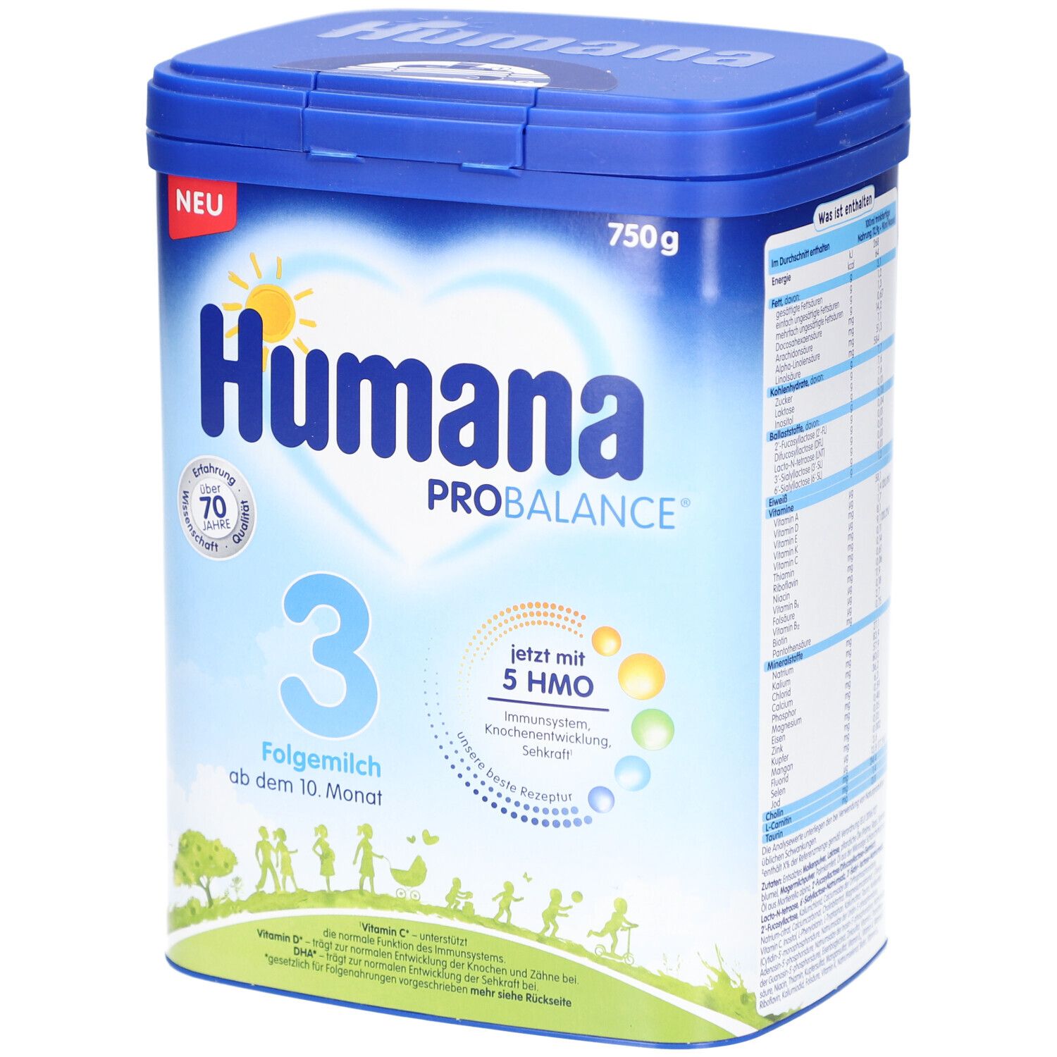 Blaue Dose Humana ProBalance 3 Folgemilch. Aufschrift: 750g, ab dem 10. Monat, mit 5 HMO. Neu.