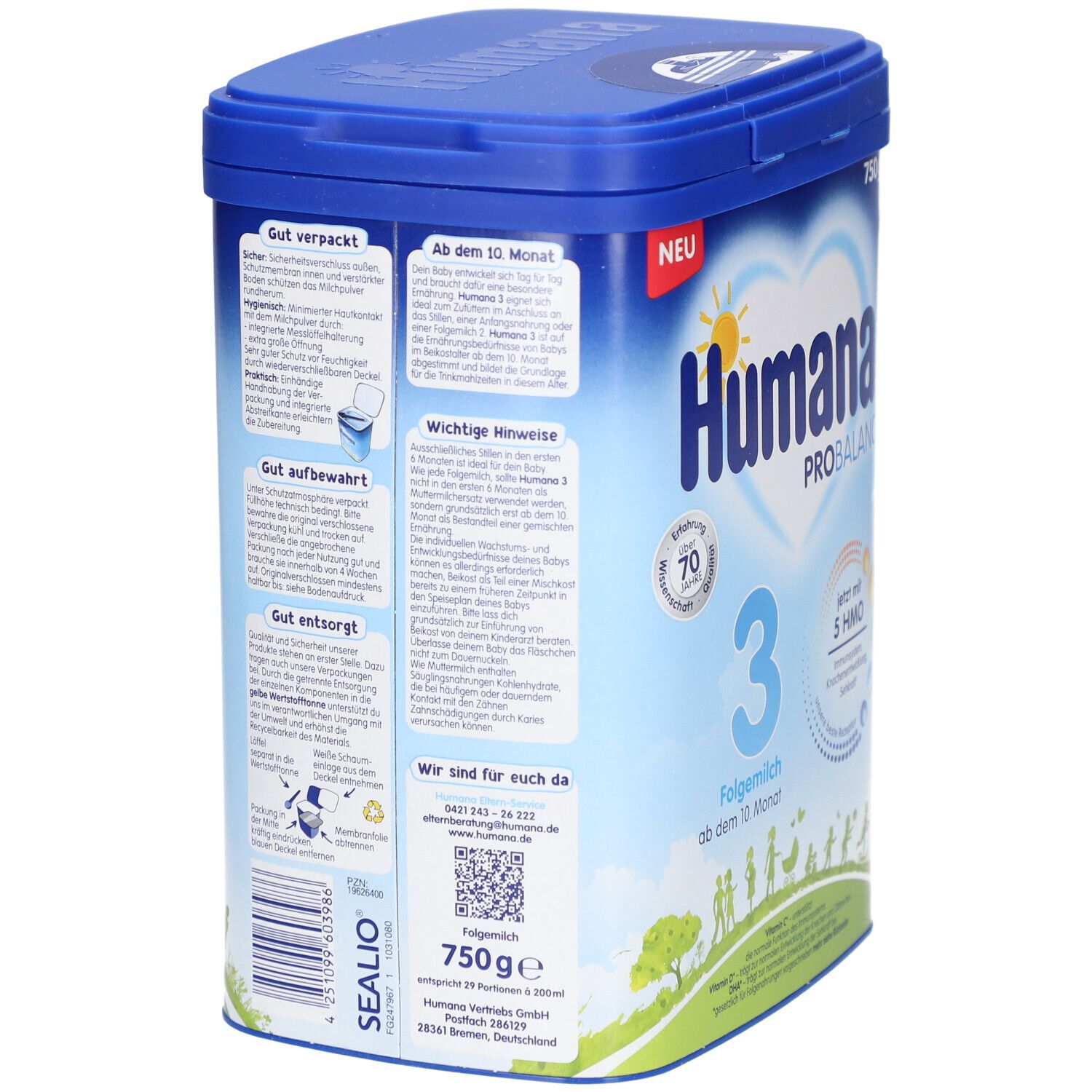 Rückseite der blauen Dose Humana ProBalance 3. Text: wichtige Hinweise, 750g, QR-Code, Inhaltsstoffe.