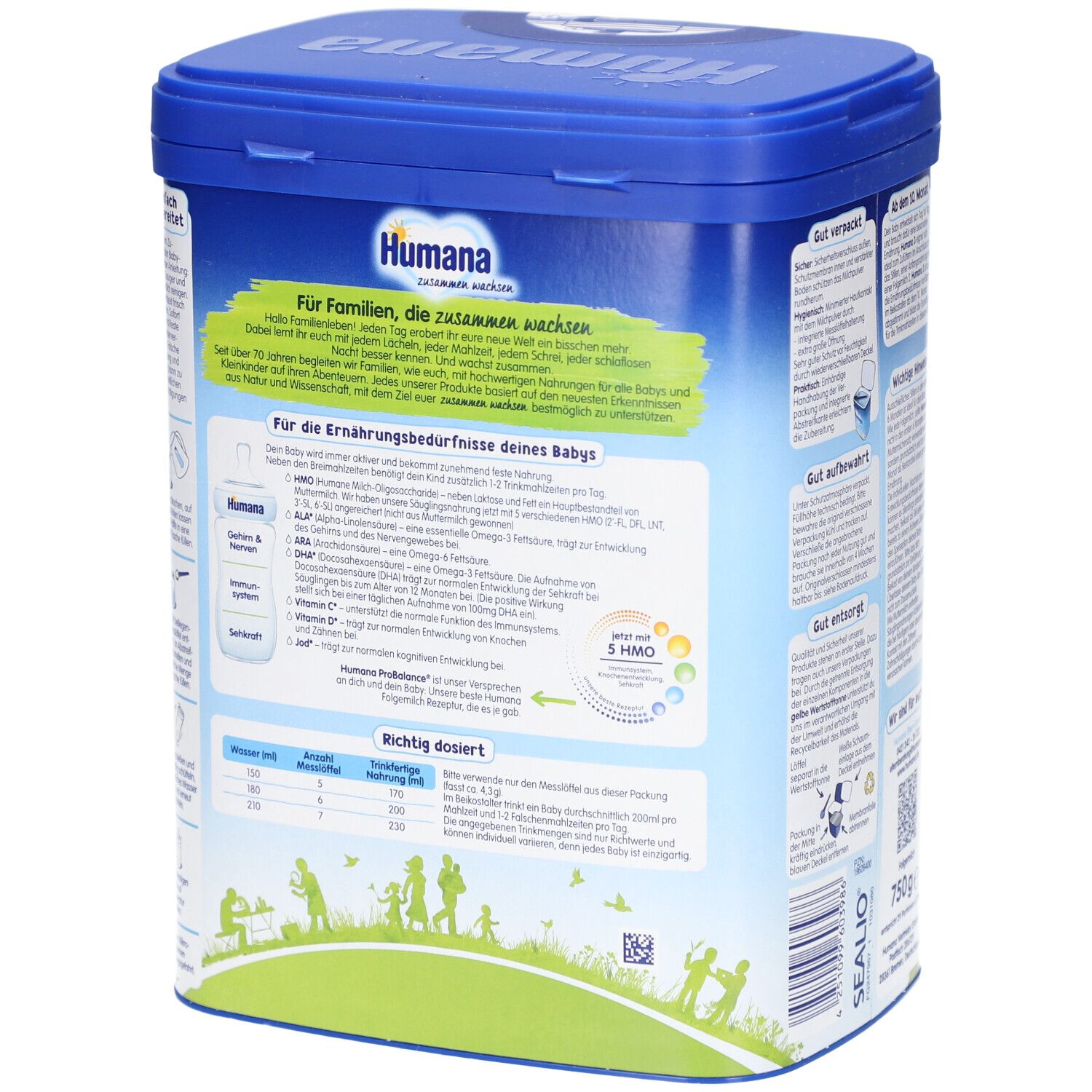 Rückseite der blauen Dose Humana ProBalance 3. Text: Für die Ernährungsbedürfnisse deines Babys, Dosierung.